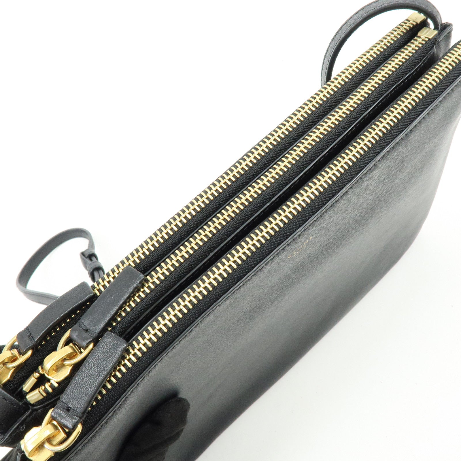 CELINE Trio Leather Shoulder Bag Crossbody Bag Black