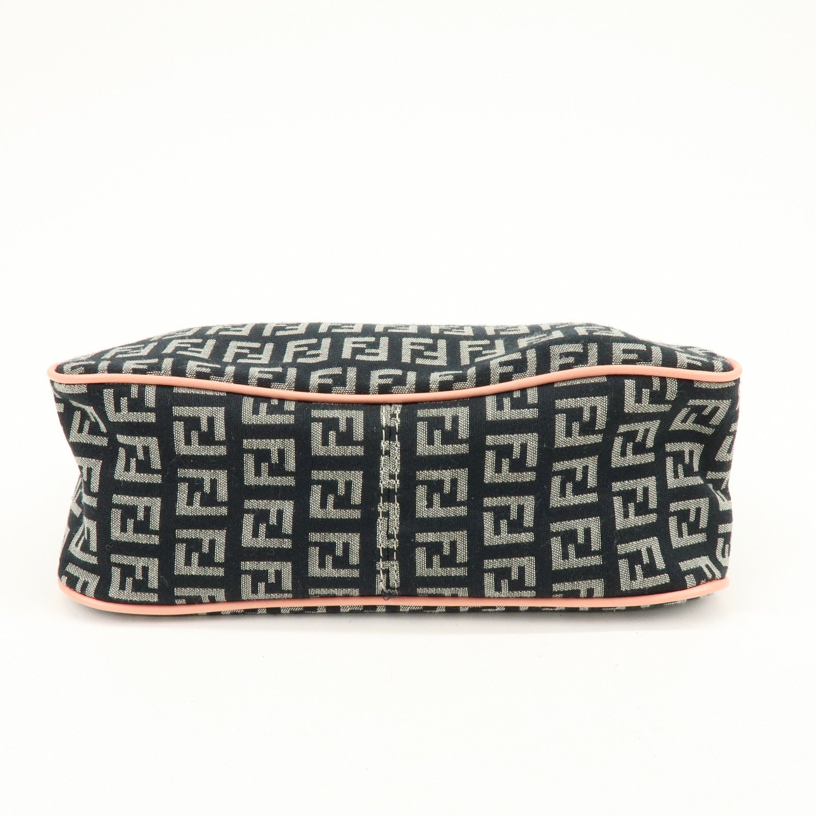 FENDI Zucchino Canvas Leather Hand Shoulder Bag Navy Pink 8BR158