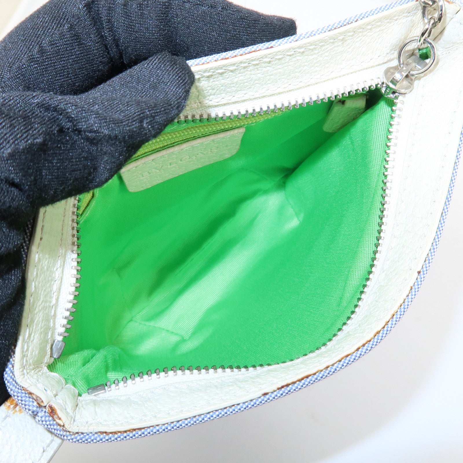 BVLGARI Logo Mania Leather Canvas Shoulder Bag Ivory Light Blue Used