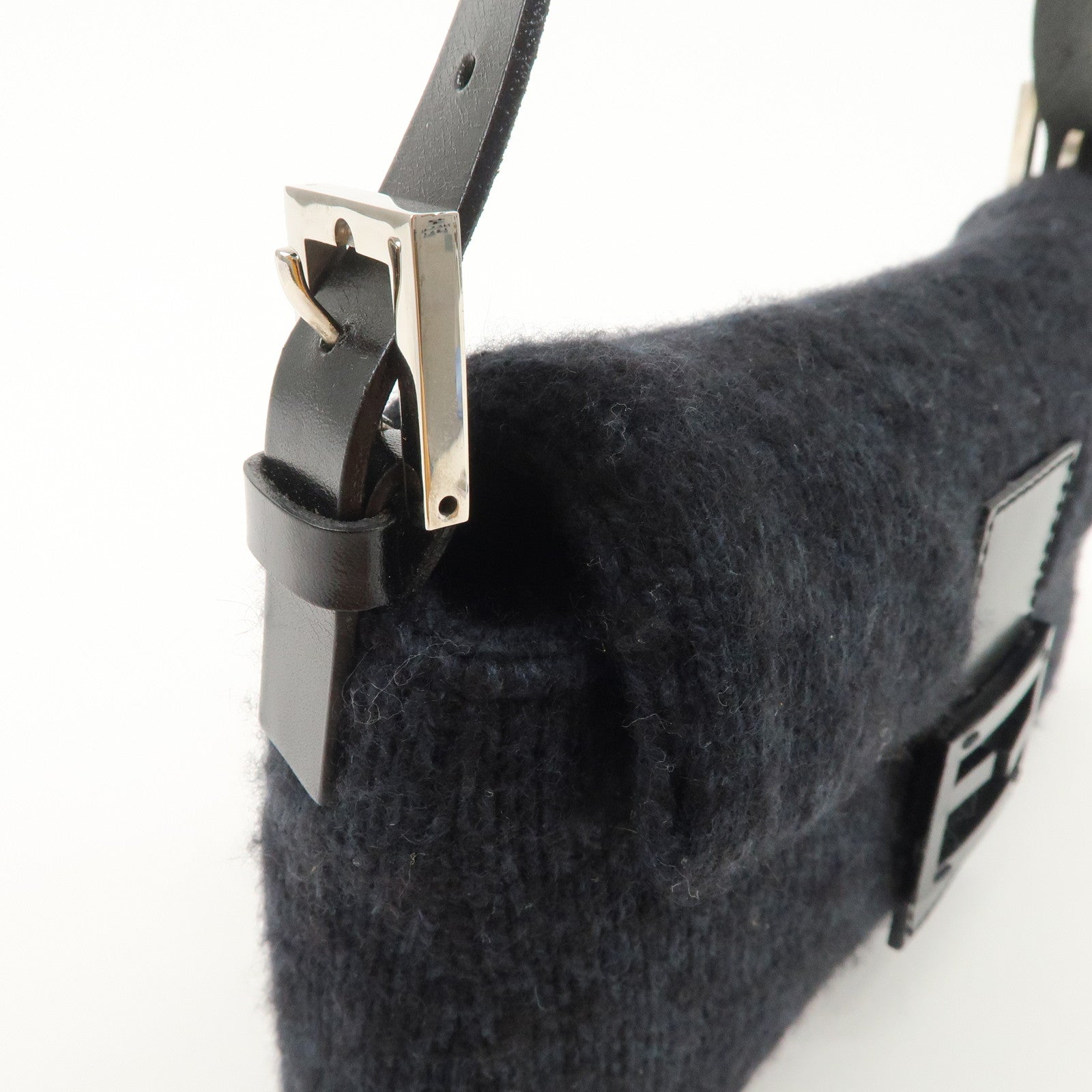 FENDI Mamma Baguette Knit Leather Shoulder Bag Dark Navy 26424