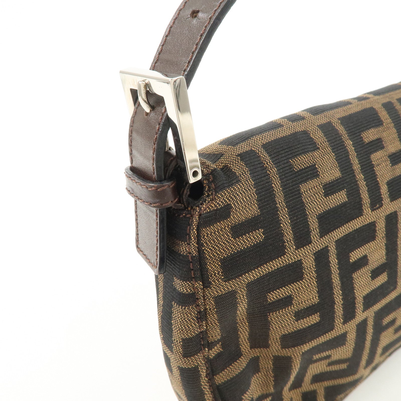 FENDI Mamma Baguette Zucca Canvas Leather Shoulder Bag Hand Bag Black Brown 26424