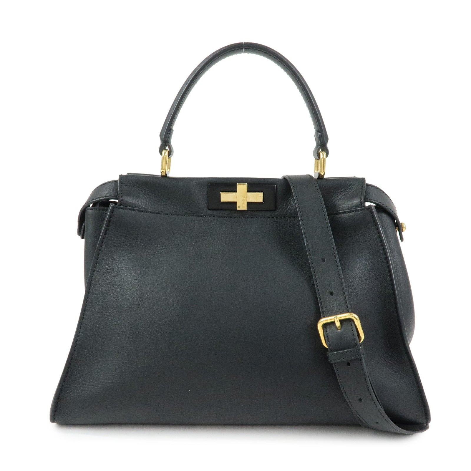 FENDI Peekaboo Leather 2Way Bag Hand Bag Shoulder Bag Black 8BN290