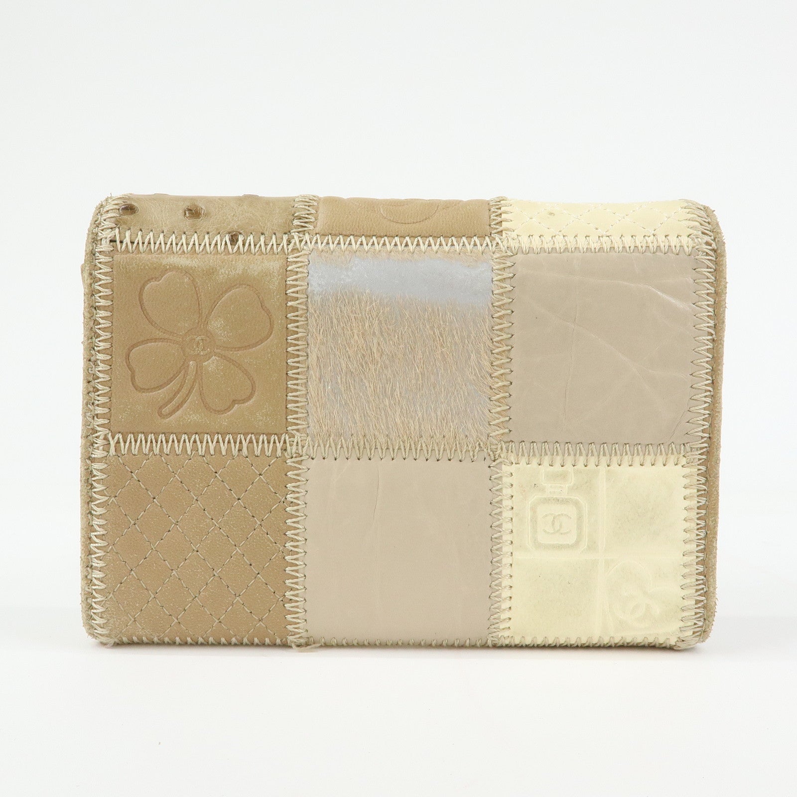 CHANEL Icon Line Unborn Calf Leather Patchwork Compact Wallet Beige