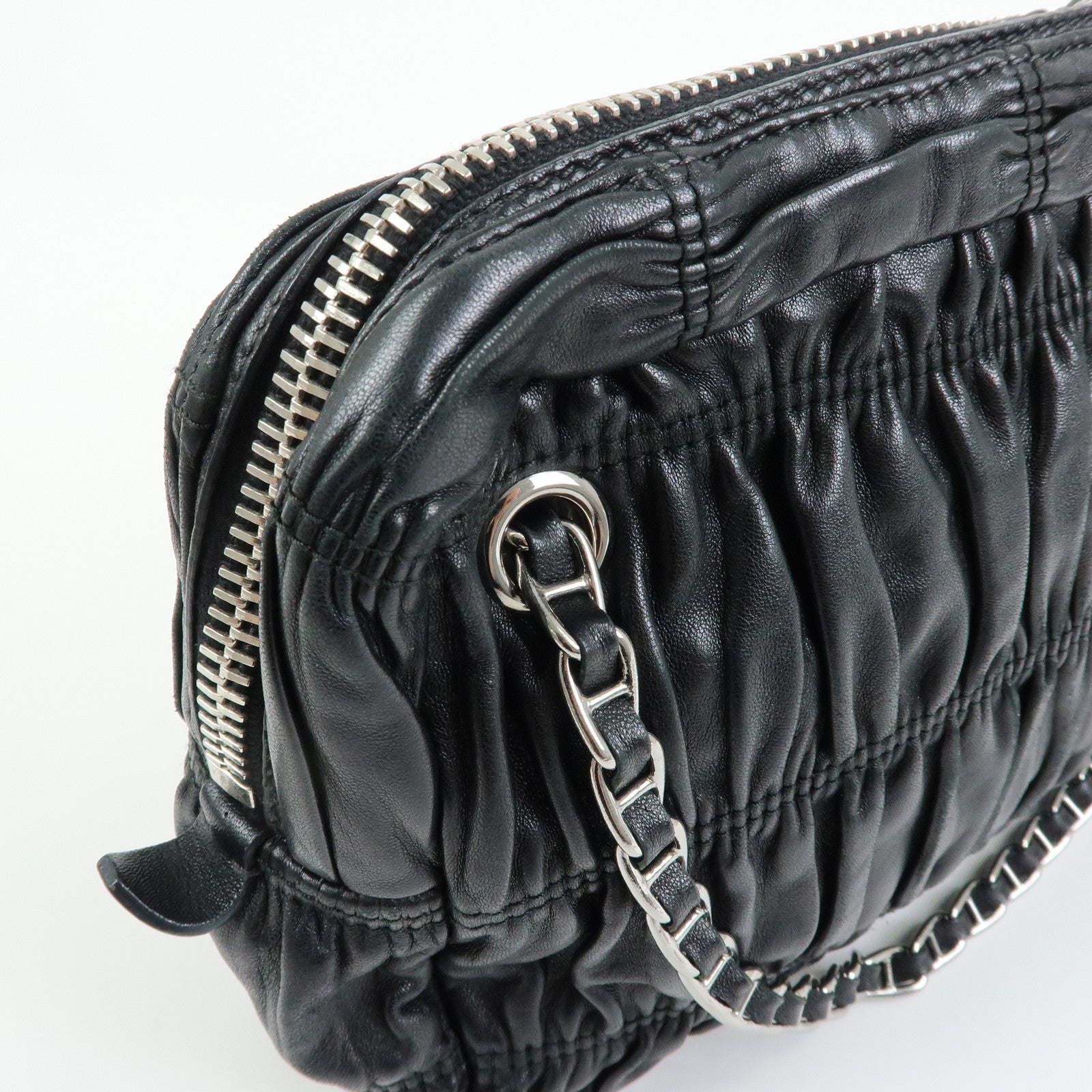 PRADA Logo Nappa Leather Gathered Chain Shoulder Bag Black
