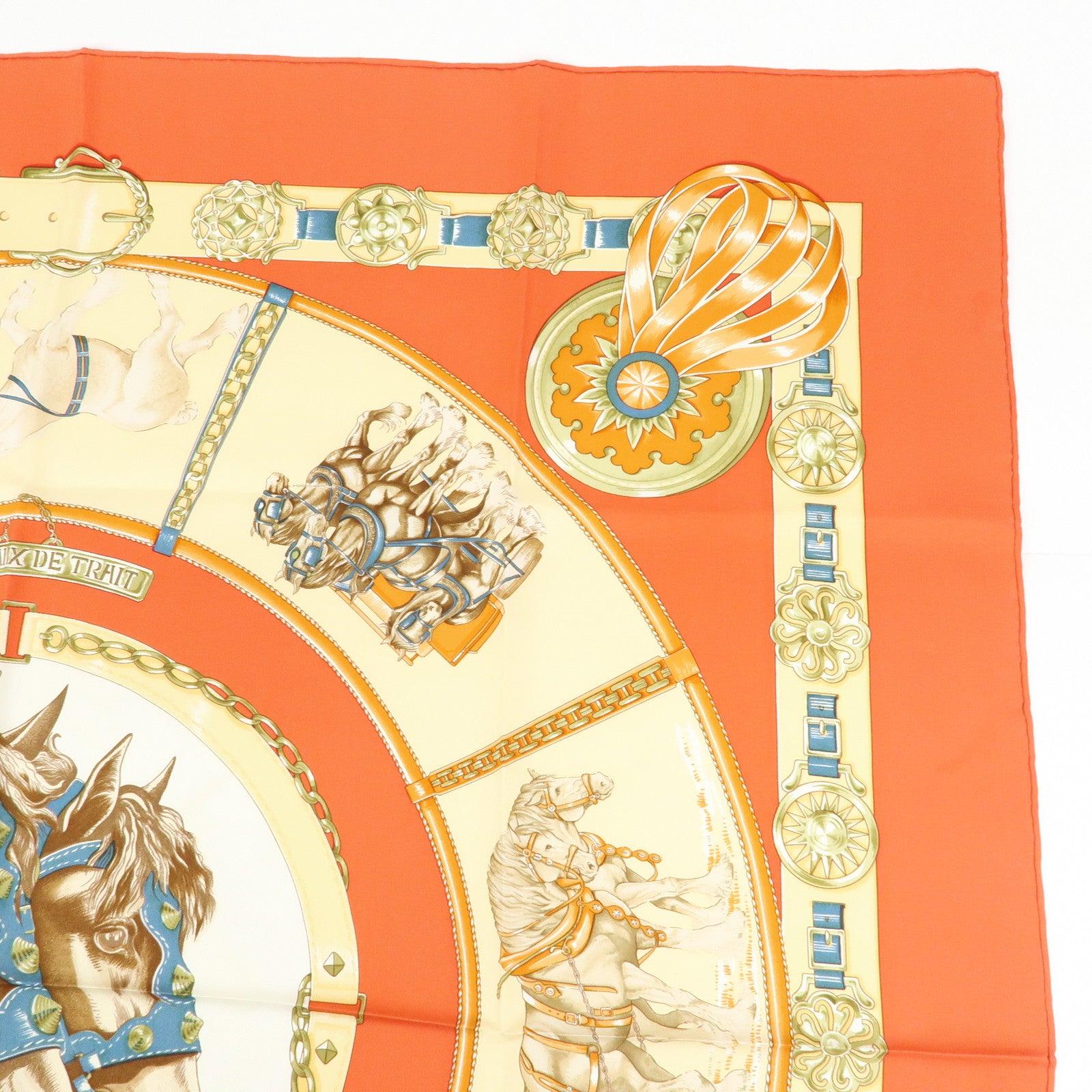 HERMES Carre 90 Silk 100% CHEVAUX DE TRAIT Scarf Orange Beige