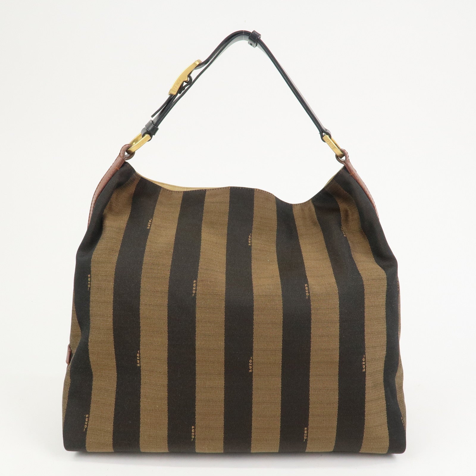 FENDI Pequin Canvas Leather Shoulder Bag Hand Bag Brown 8BR653