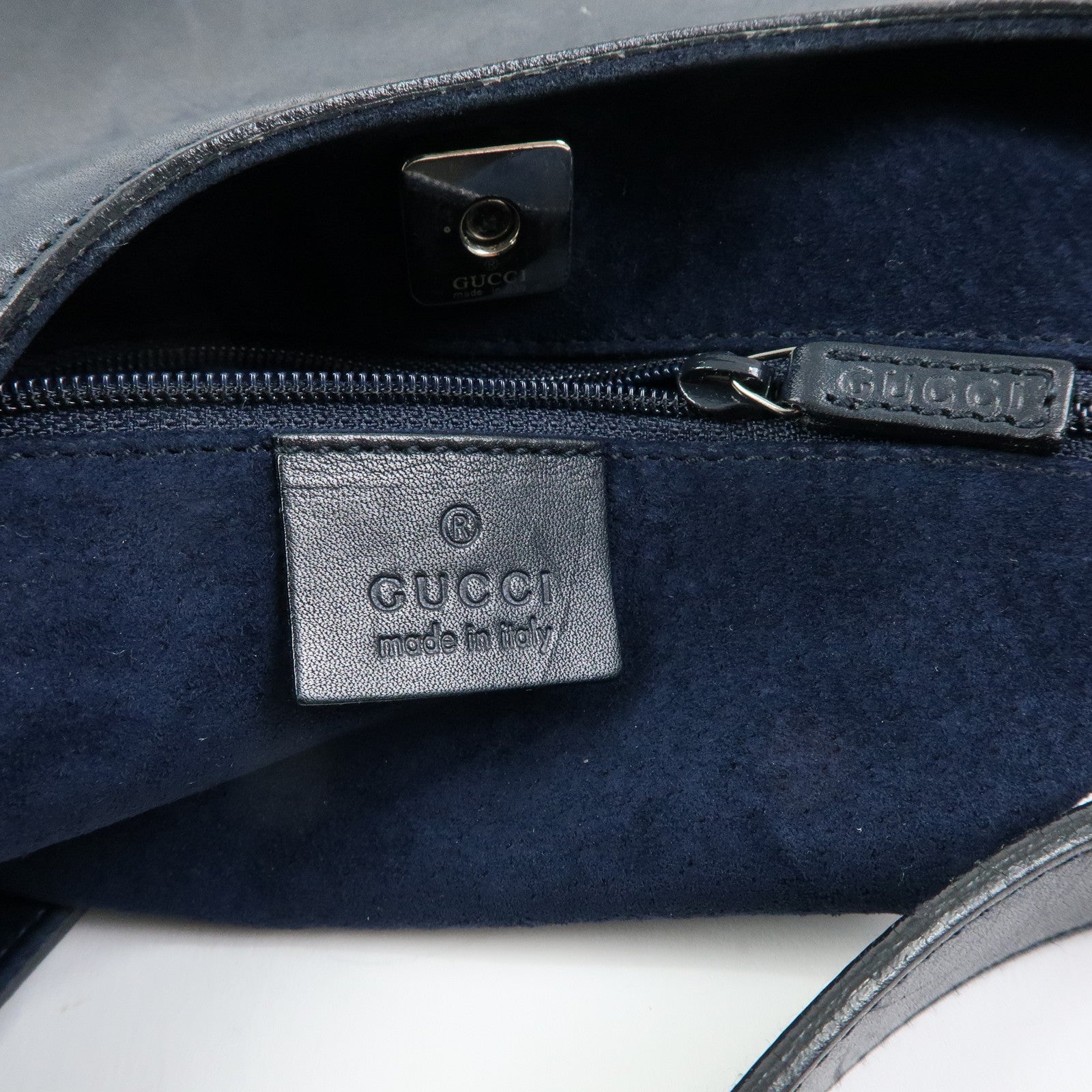 GUCCI Logo Leather Shoulder Bag Hand Bag Navy 001・3767