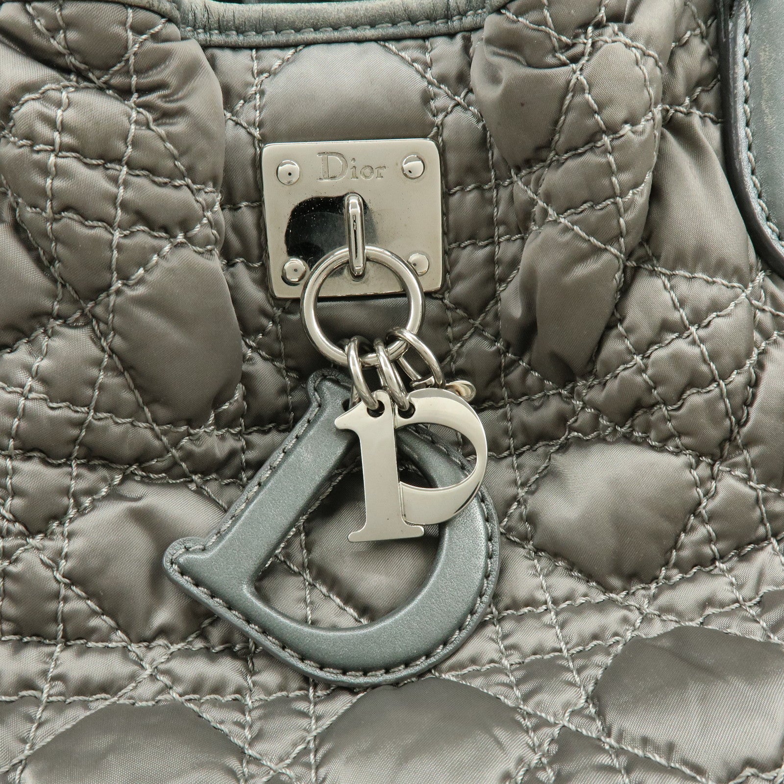 Christian Dior Cannage Nylon Leather Tote Bag Shoulder Bag Gray