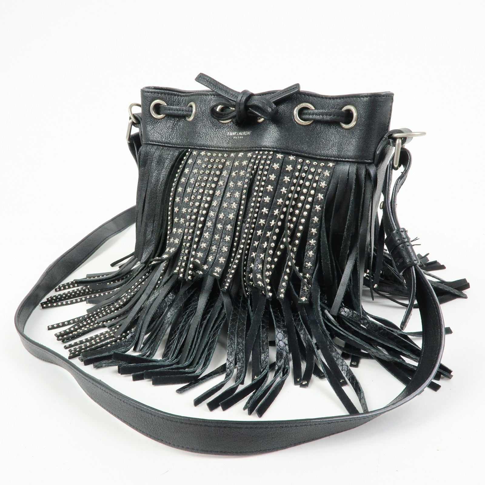 SAINT LAURENT PARIS Leather Fringe Shoulder Bag Black 357603