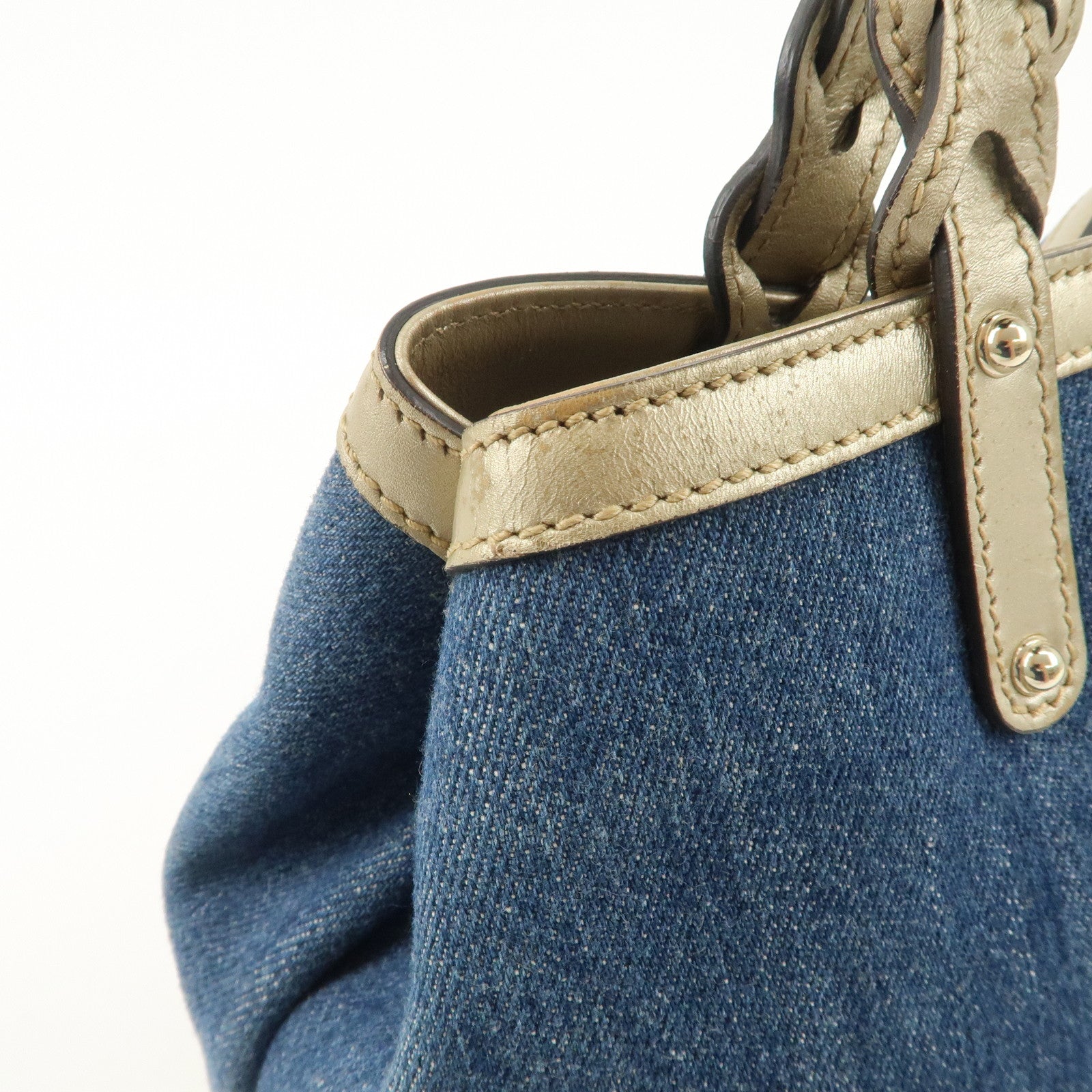 GUCCI Craft Denim Leather Tote Bag Shoulder Bag Blue Gold 348715 Used