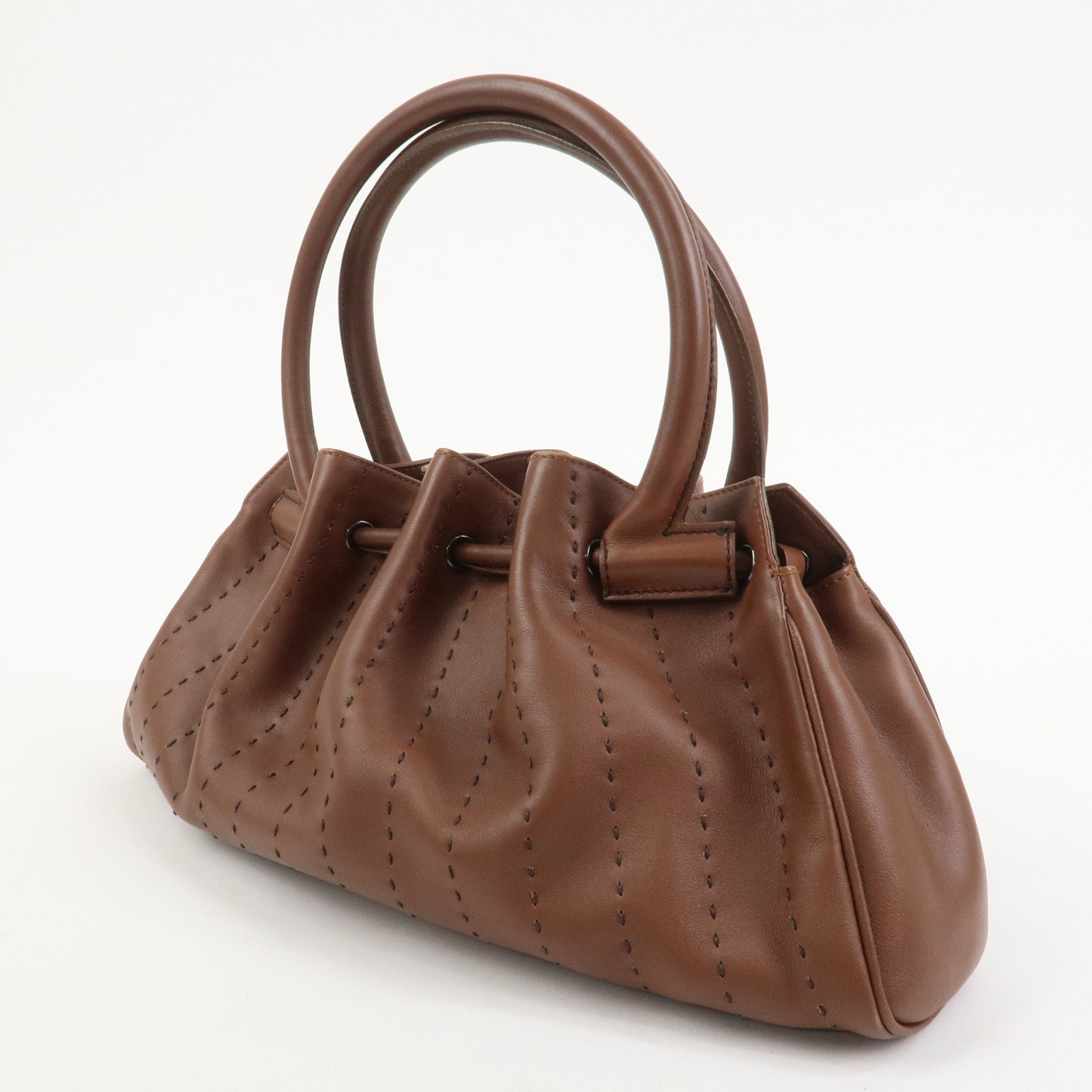 Ferragamo Gancini Leather Stitch Shoulder Bag Hand Bag Brown