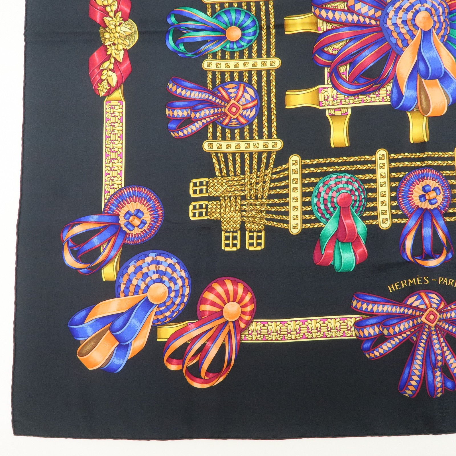 HERMES Carre 90 Silk 100% LES RUBANS DU CHEVAL Scarf Black
