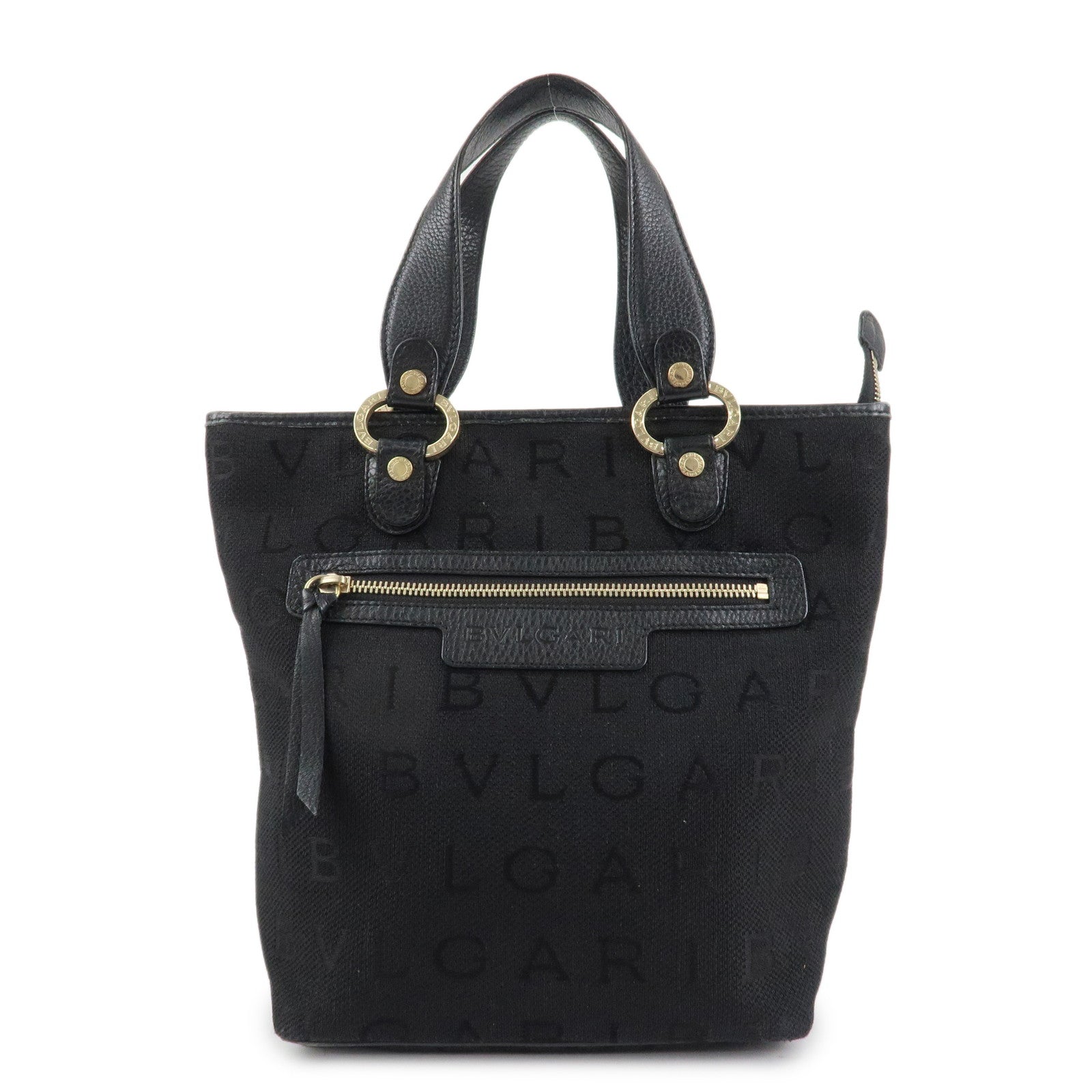 BVLGARI Logo Mania Leather Canvas Tote Bag Hand Bag Black Used