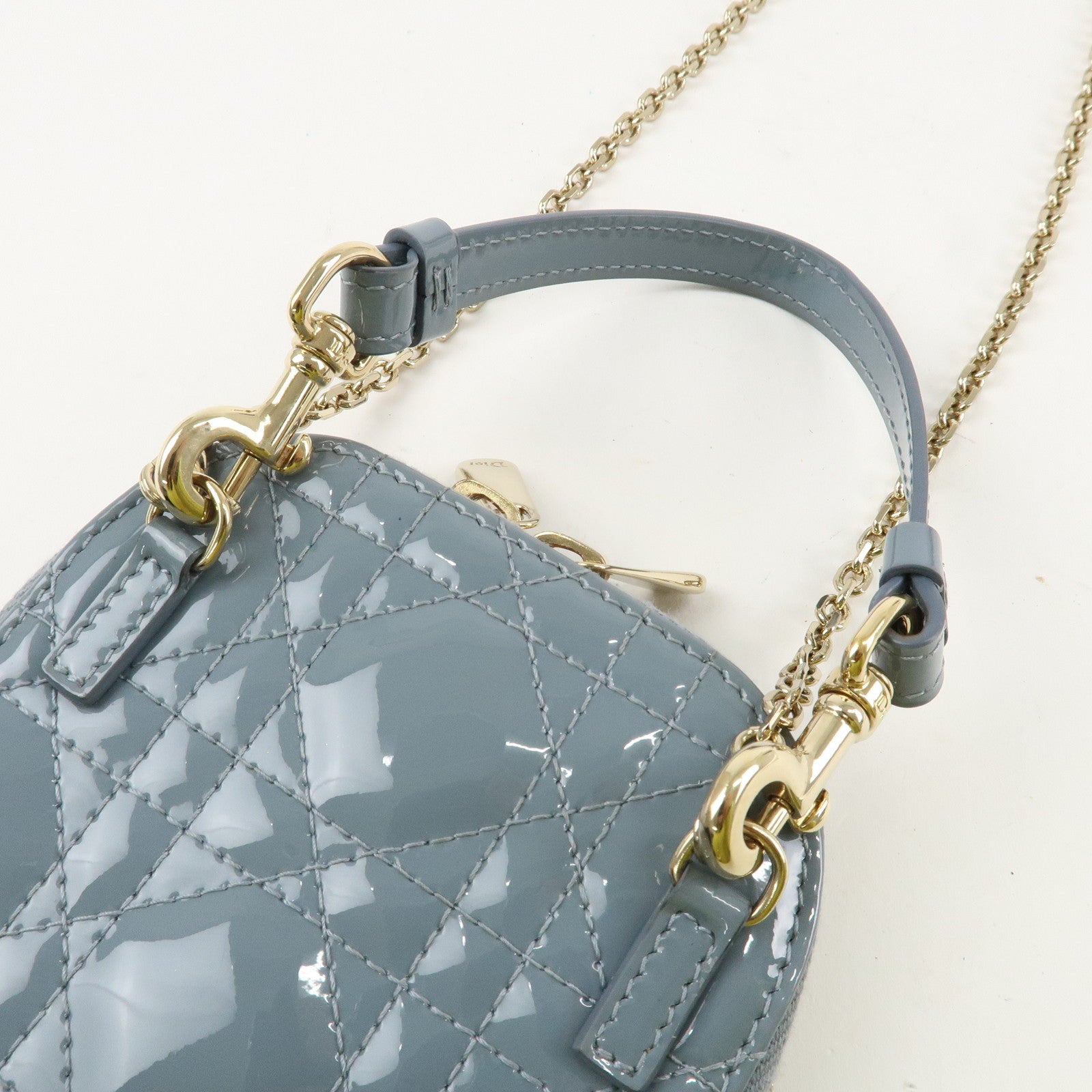 Christian Dior Lady Dior Canage Patent Leather Phone Holder Light Blue Used
