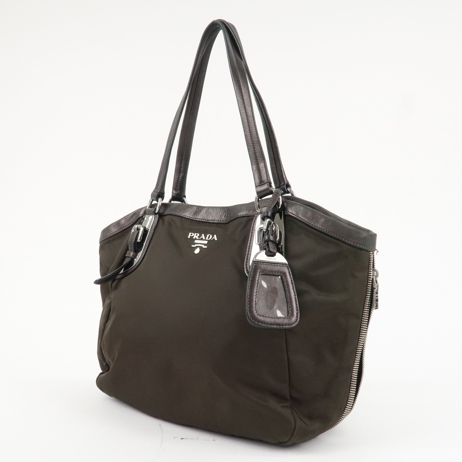 PRADA Logo Nylon Leather Tote Bag Shoulder Bag Khaki Metallic Brown Used