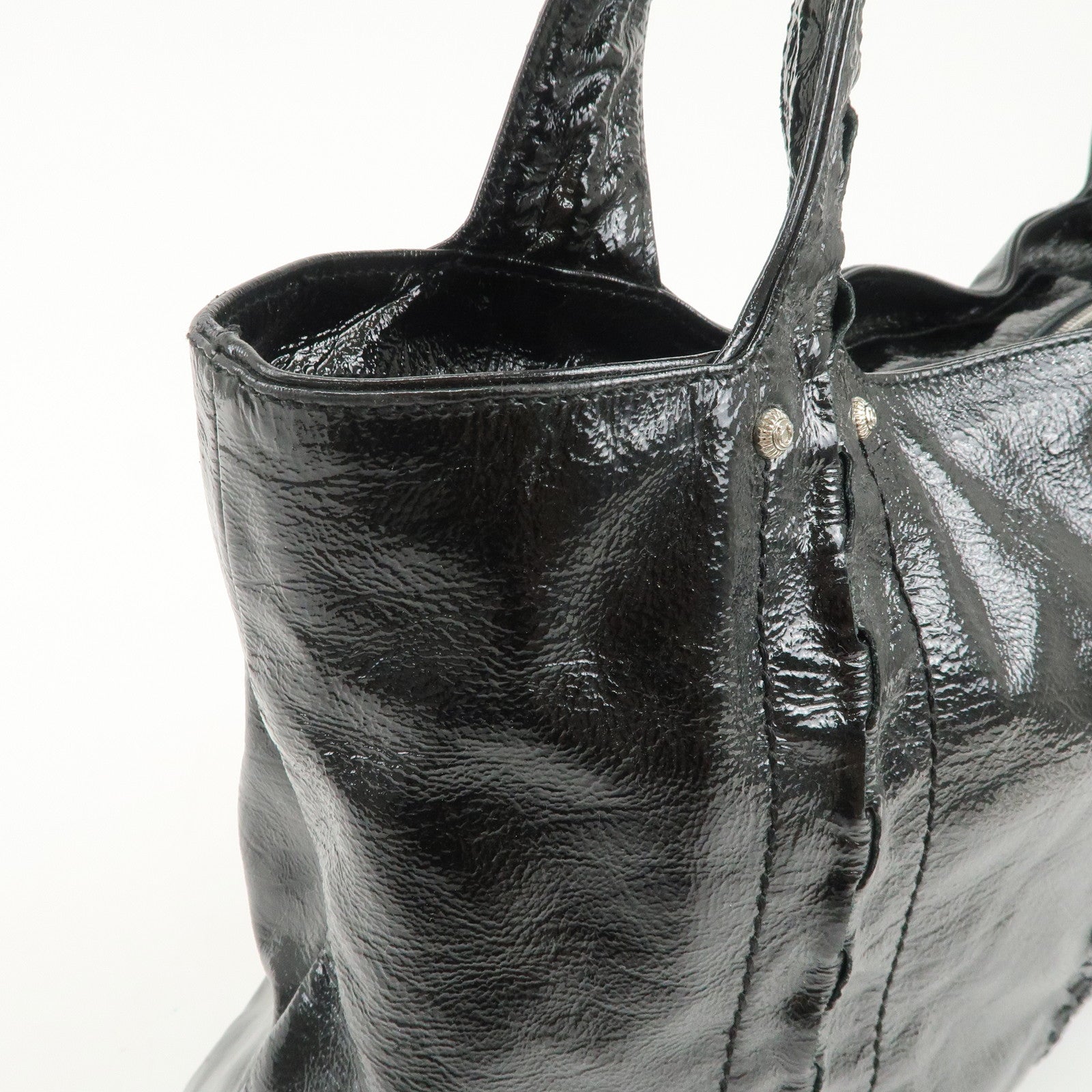 Ferragamo Gancini Logo Patent Leather Tote Bag Shoulder Bag Black