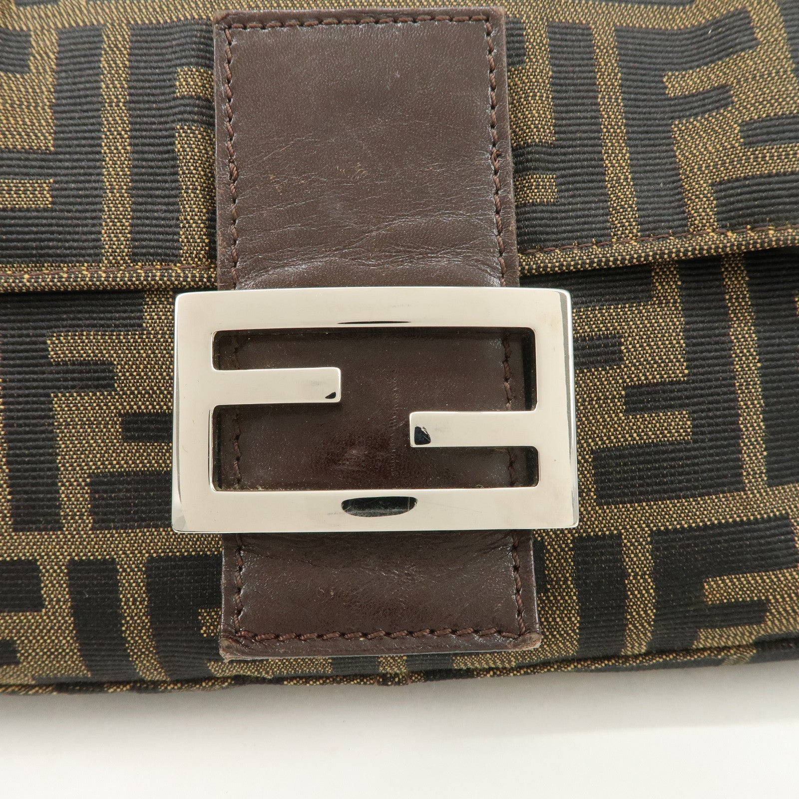 FENDI Mamma Baguette Zucca Canvas Leather Shoulder Bag Black Brown 26424