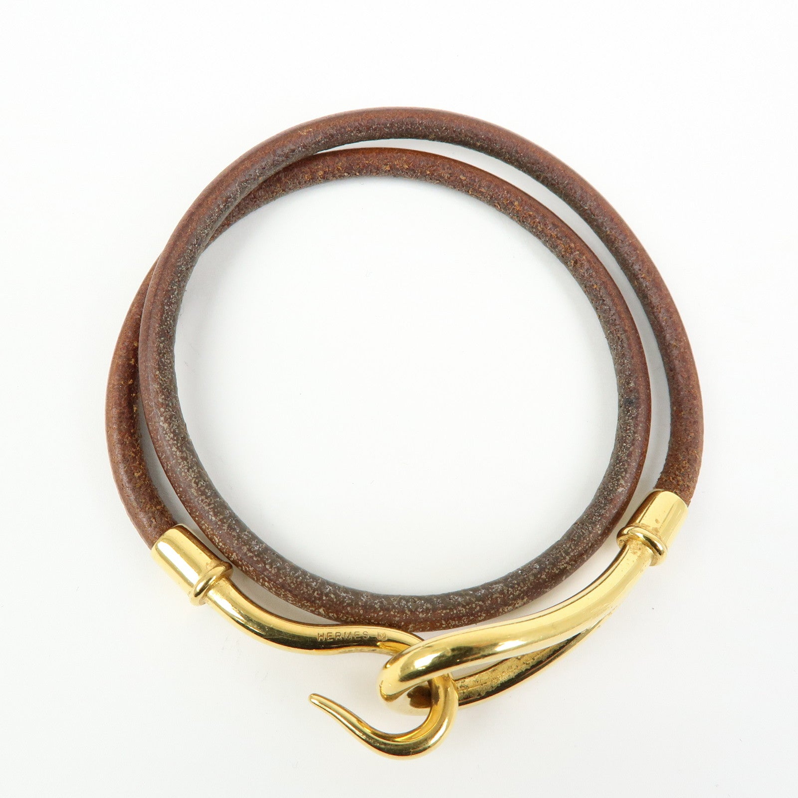 HERMES Jumbo Choker Leather Metal Bracelet Brown Gold