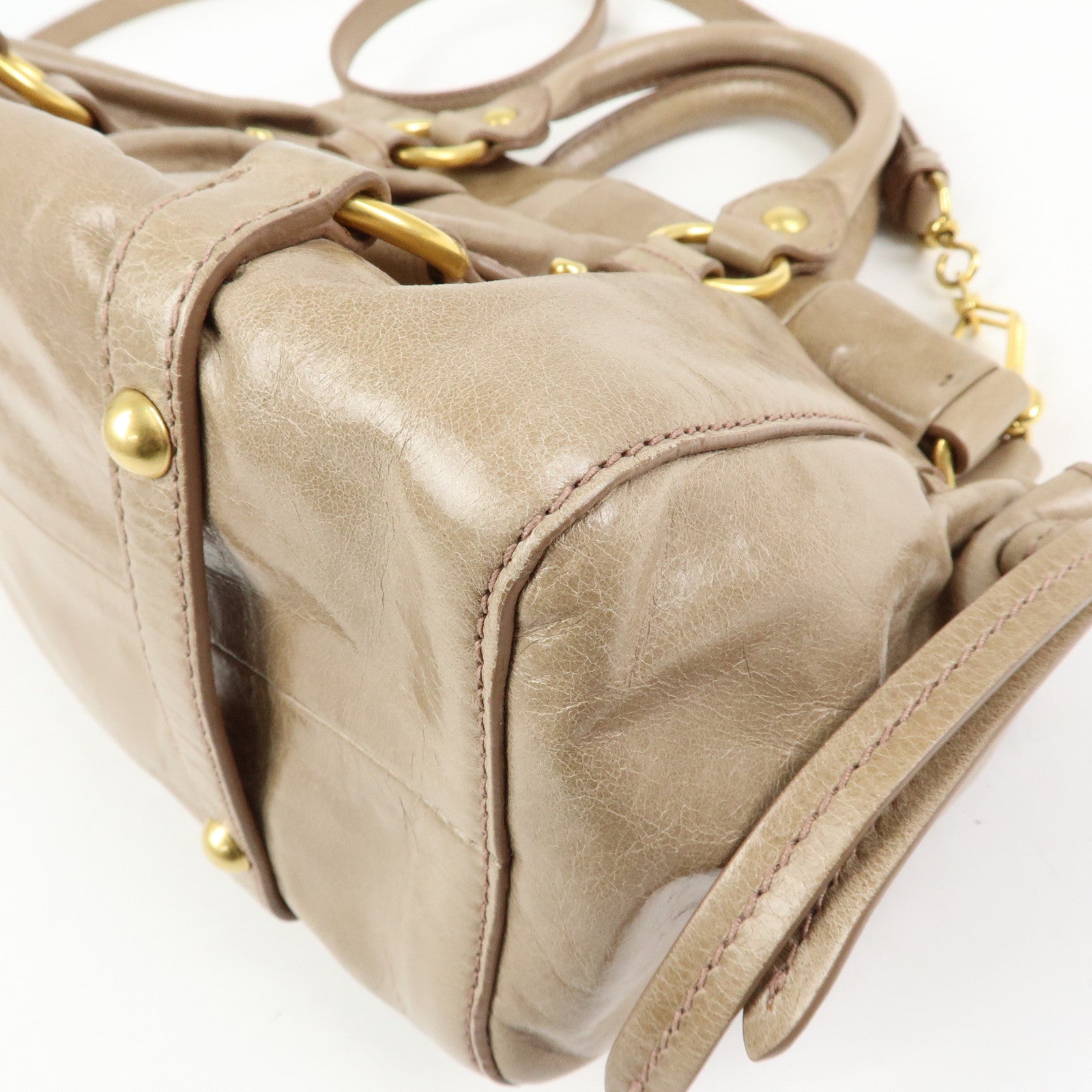 MIU MIU Logo Leather 2Way Bag Hand Bag Shoulder Bag Beige RN0647