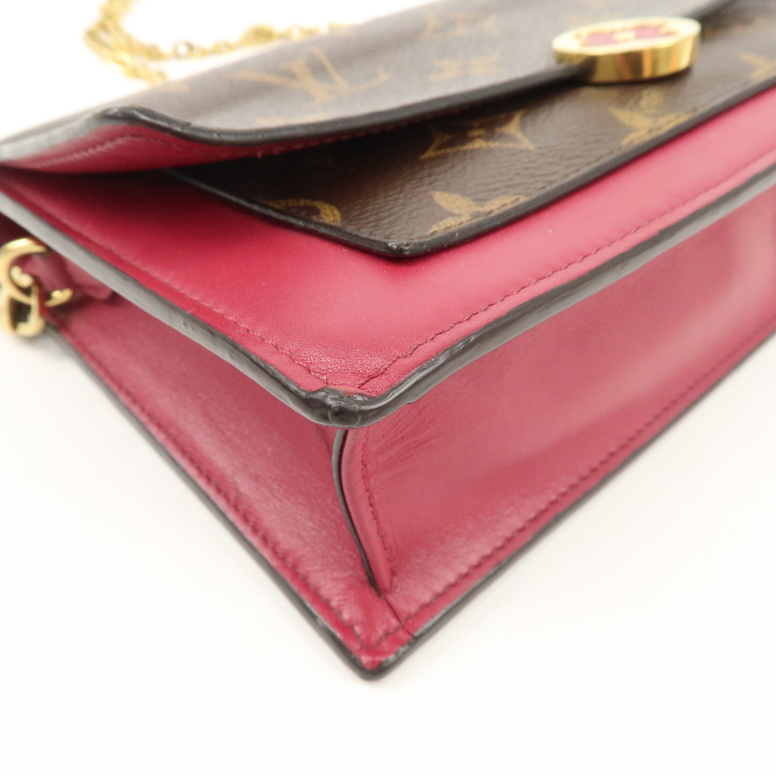 Louis Vuitton Monogram Leather Portefeuille Flore Chain Wallet Brown Pink M69578 Used