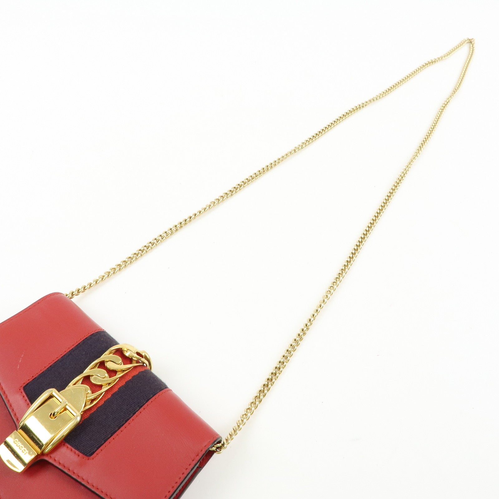 GUCCI Sylvie Sherry Leather Chain Mini Shoulder Bag Red Navy 494646