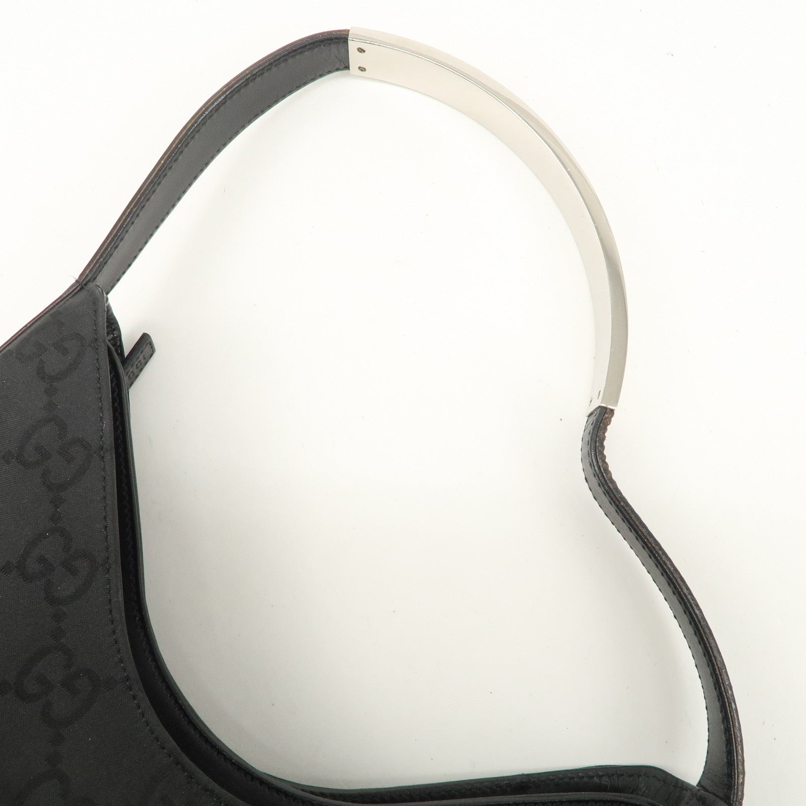 GUCCI GG Nylon Leather Shoulder Bag Hand Bag Silver HDW Black 31769 Used