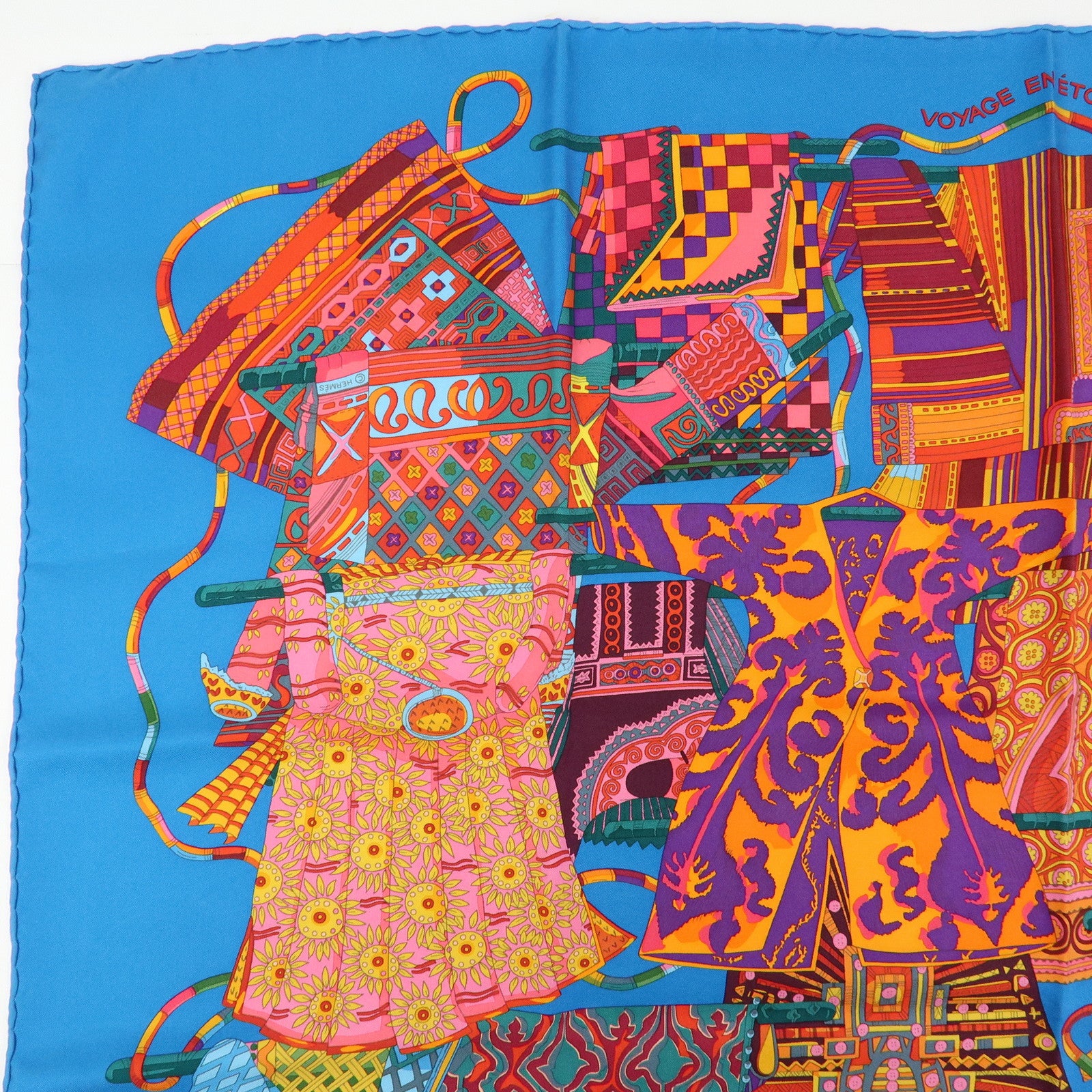 HERMES Carre 90 Silk 100% Scarf VOYAGE EN ETOFFES Blue Orange Pink