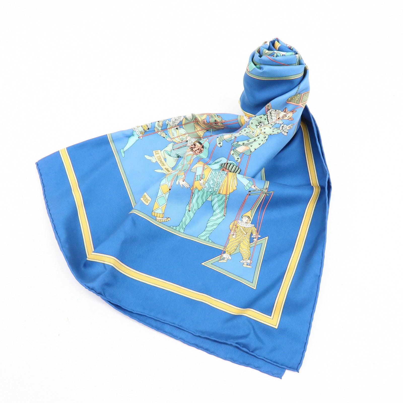 HERMES Carre 90 Silk 100% Scarf LE TEMPS des MARIONNETTES Blue