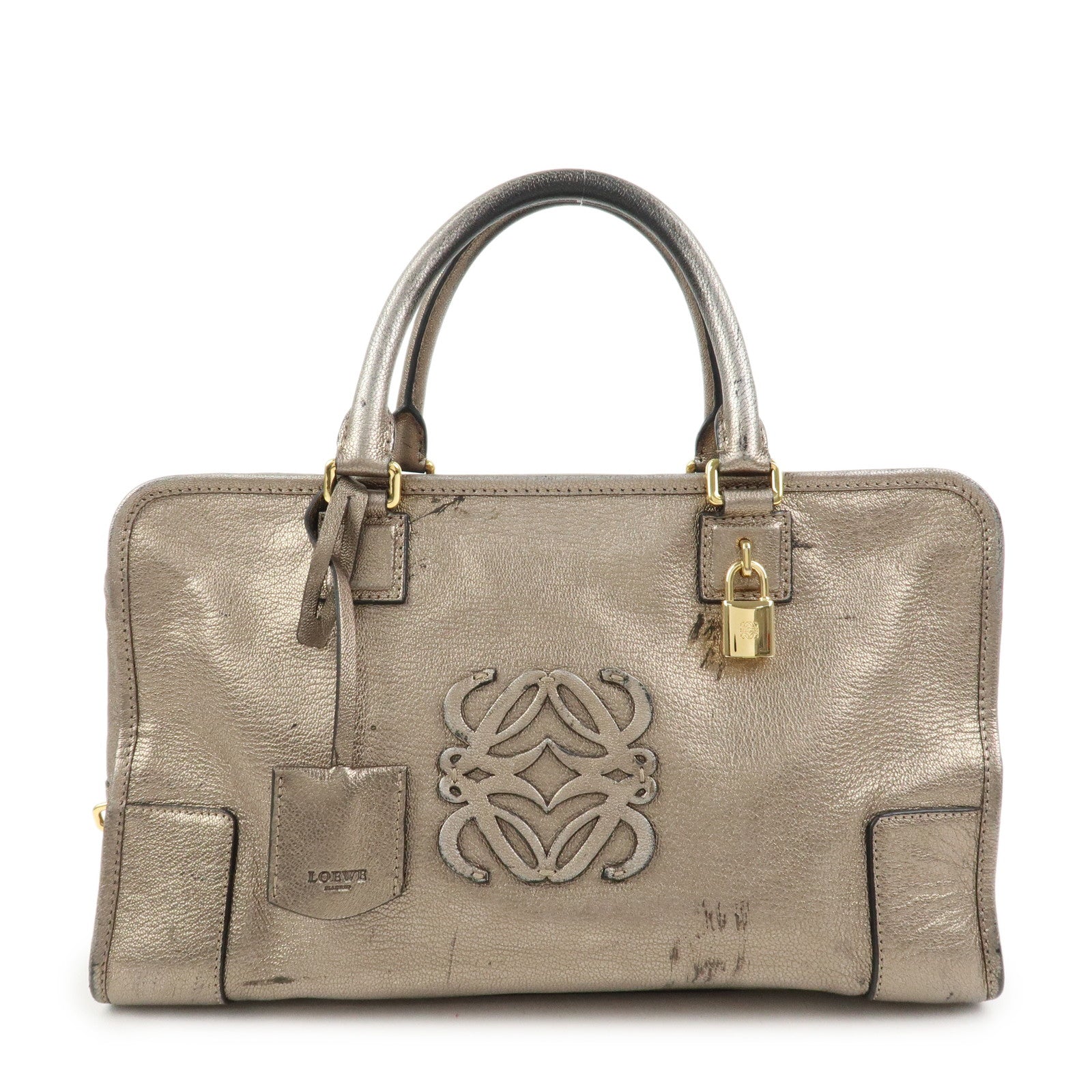 LOEWE Anagram Leather Amazona 36 Hand Bag Boston Bag Silver Grey