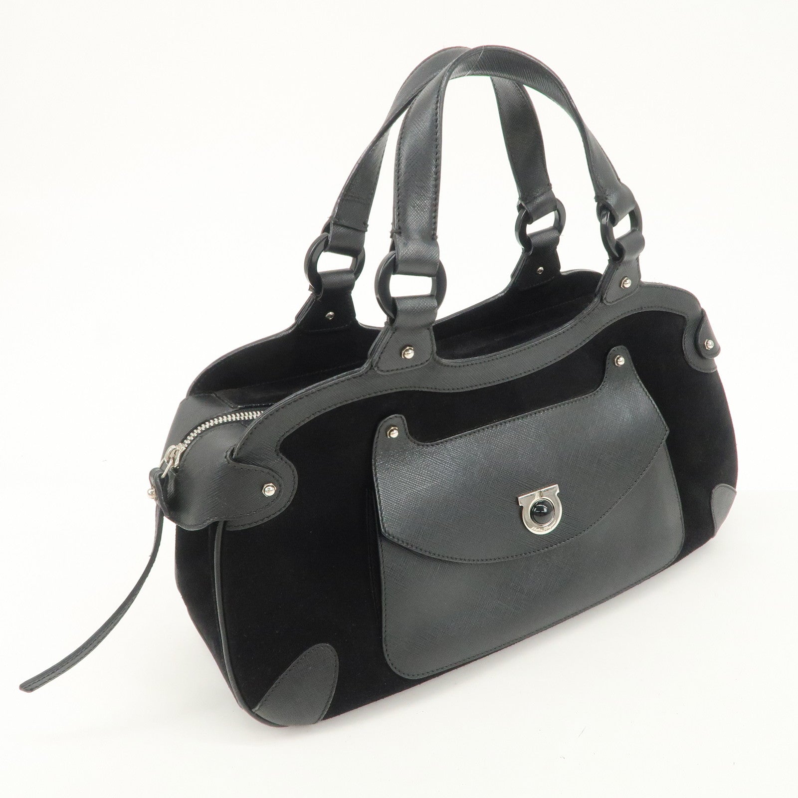 Ferragamo Gancini Leather Suede Hand Bag Black Used