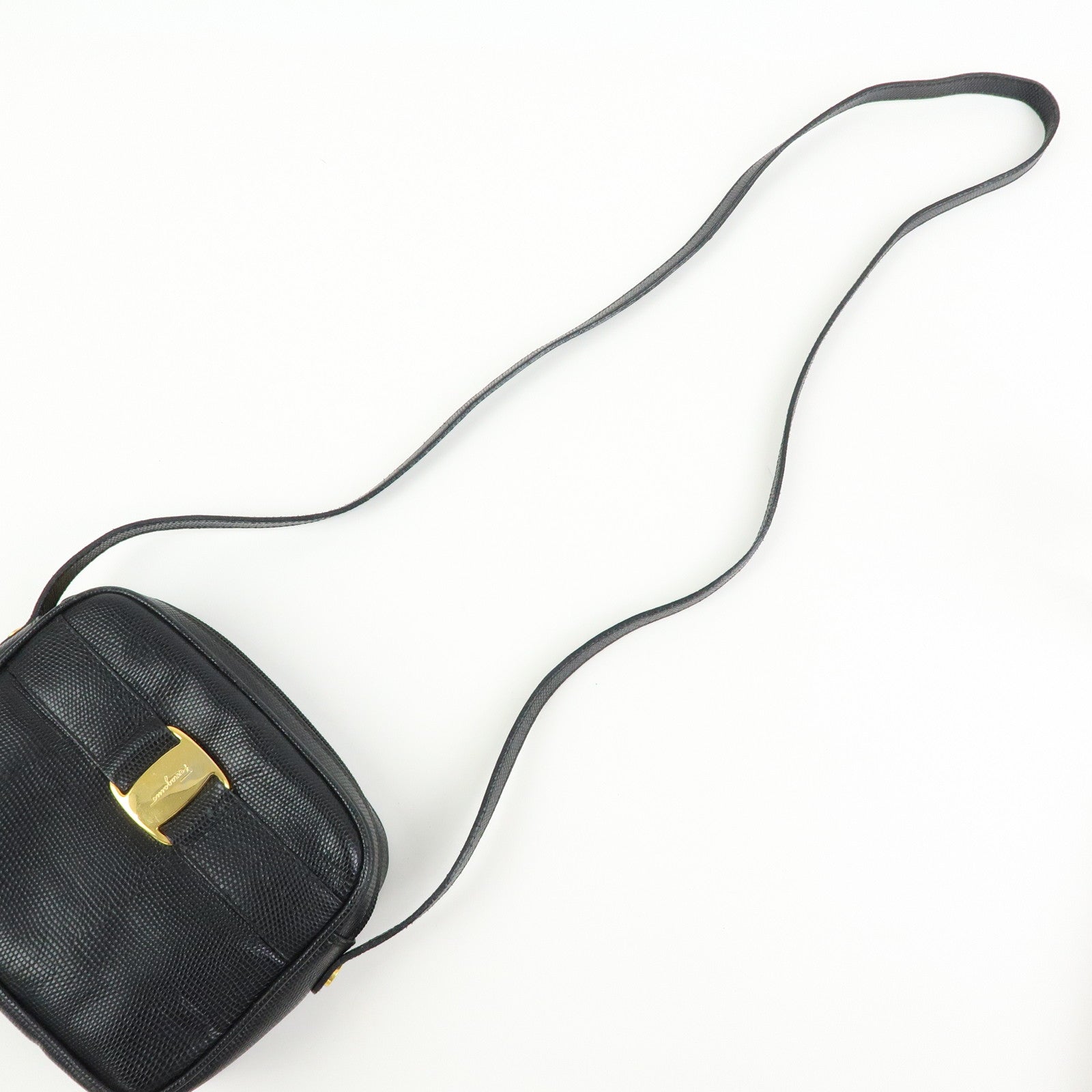 Ferragamo Varra Embossed Leather Shoulder Bag Crossbody Bag Black