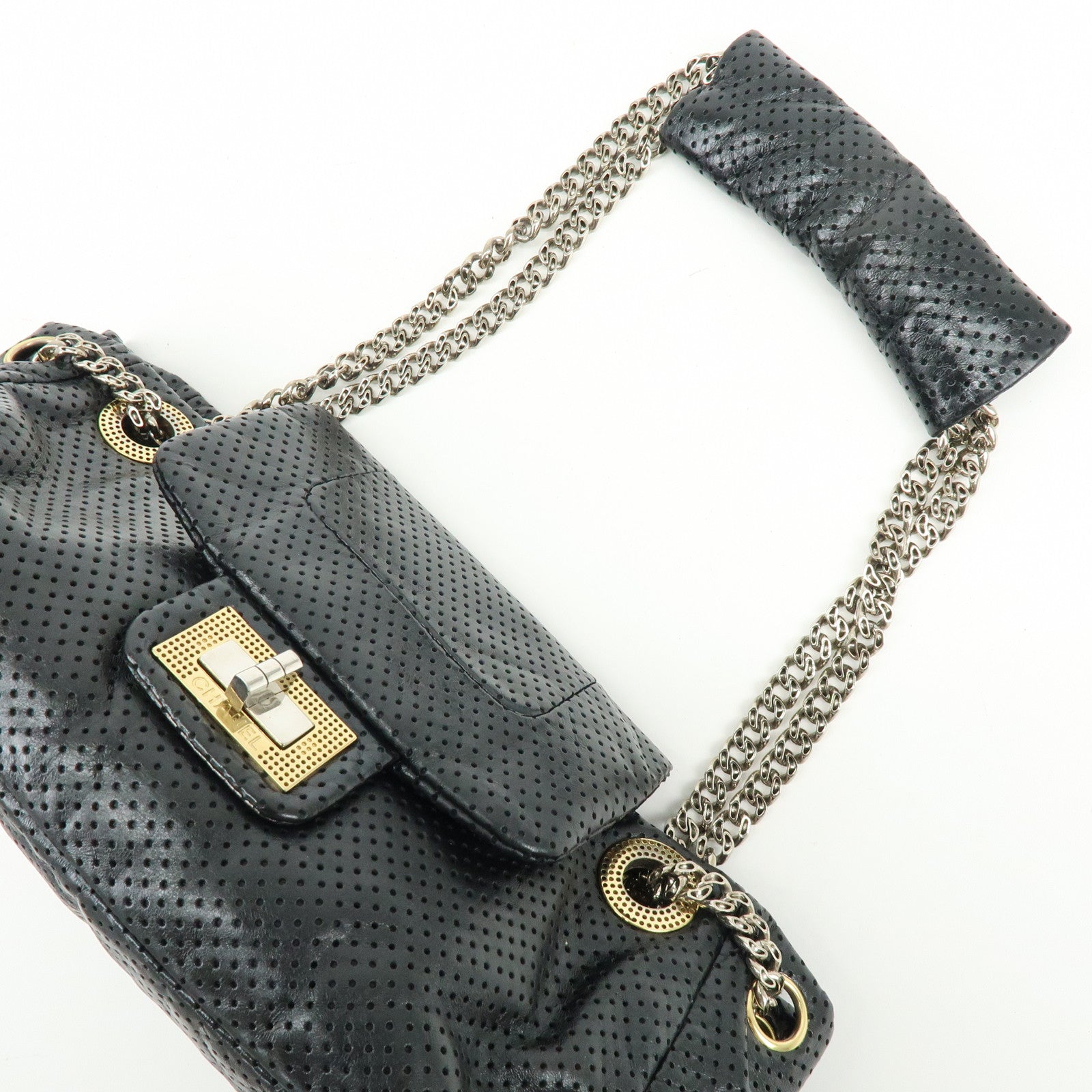 CHANEL 2.55 Punching Calf Leather Chain Shoulder Bag Black