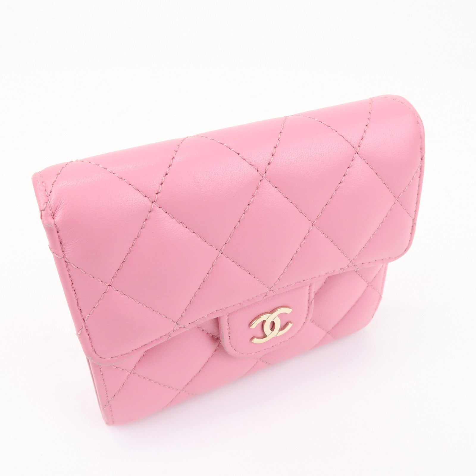 CHANEL Matelasse Lamb Skin Small Tri-Fold Wallet Pink AP0231