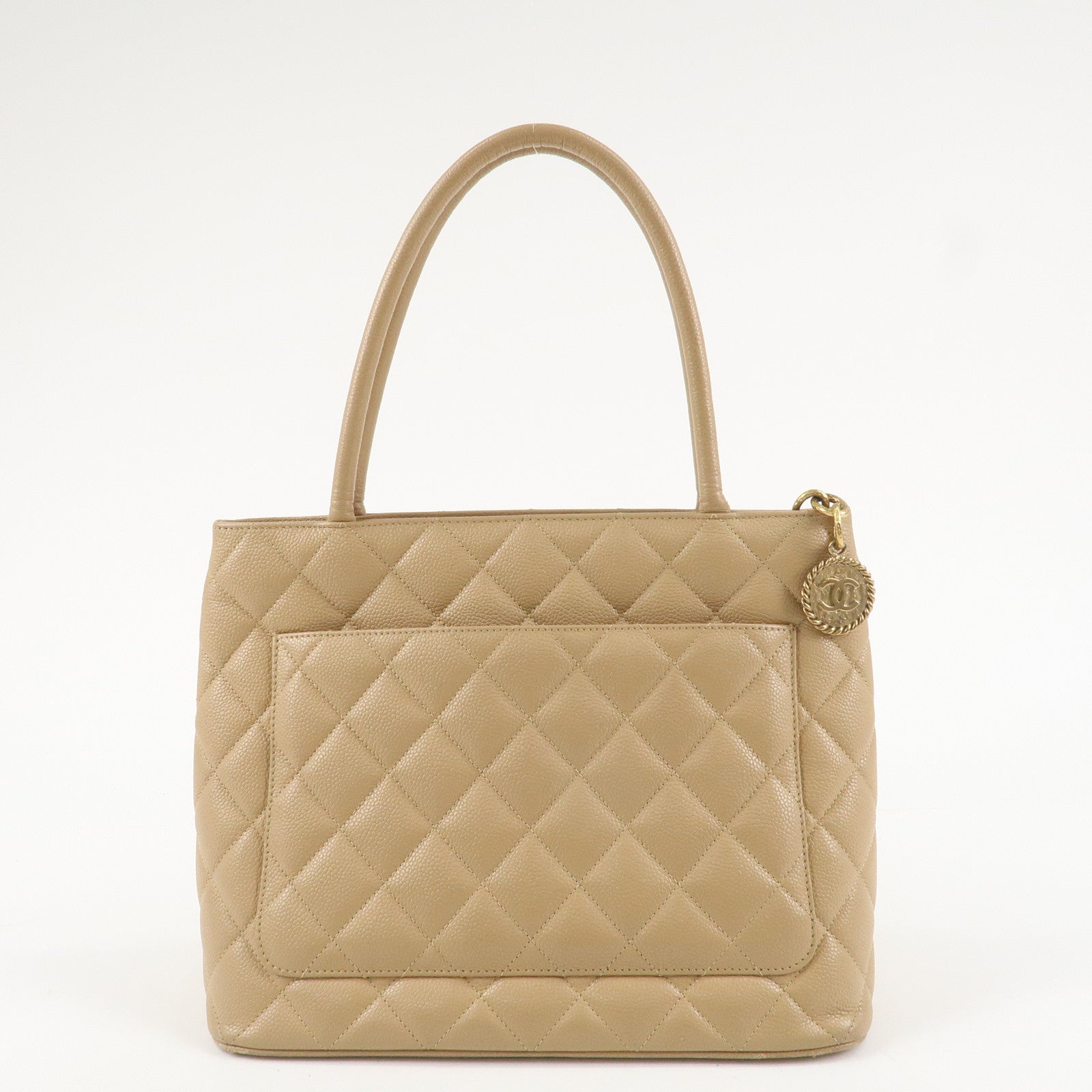 CHANEL Matelasse Caviarskin Medalion Tote Bag Hand Bag Beige A01804 Used