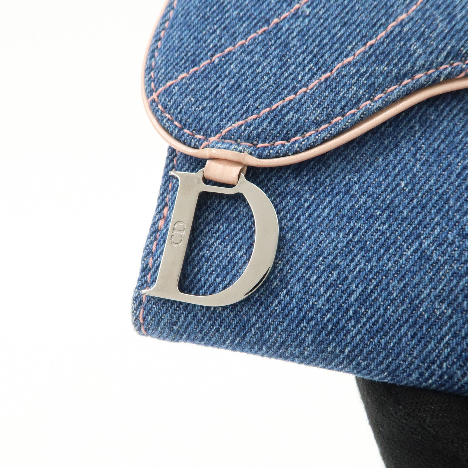 Christian Dior Saddle Lotus Wallet Denim Blue Pink Silver GDW Used