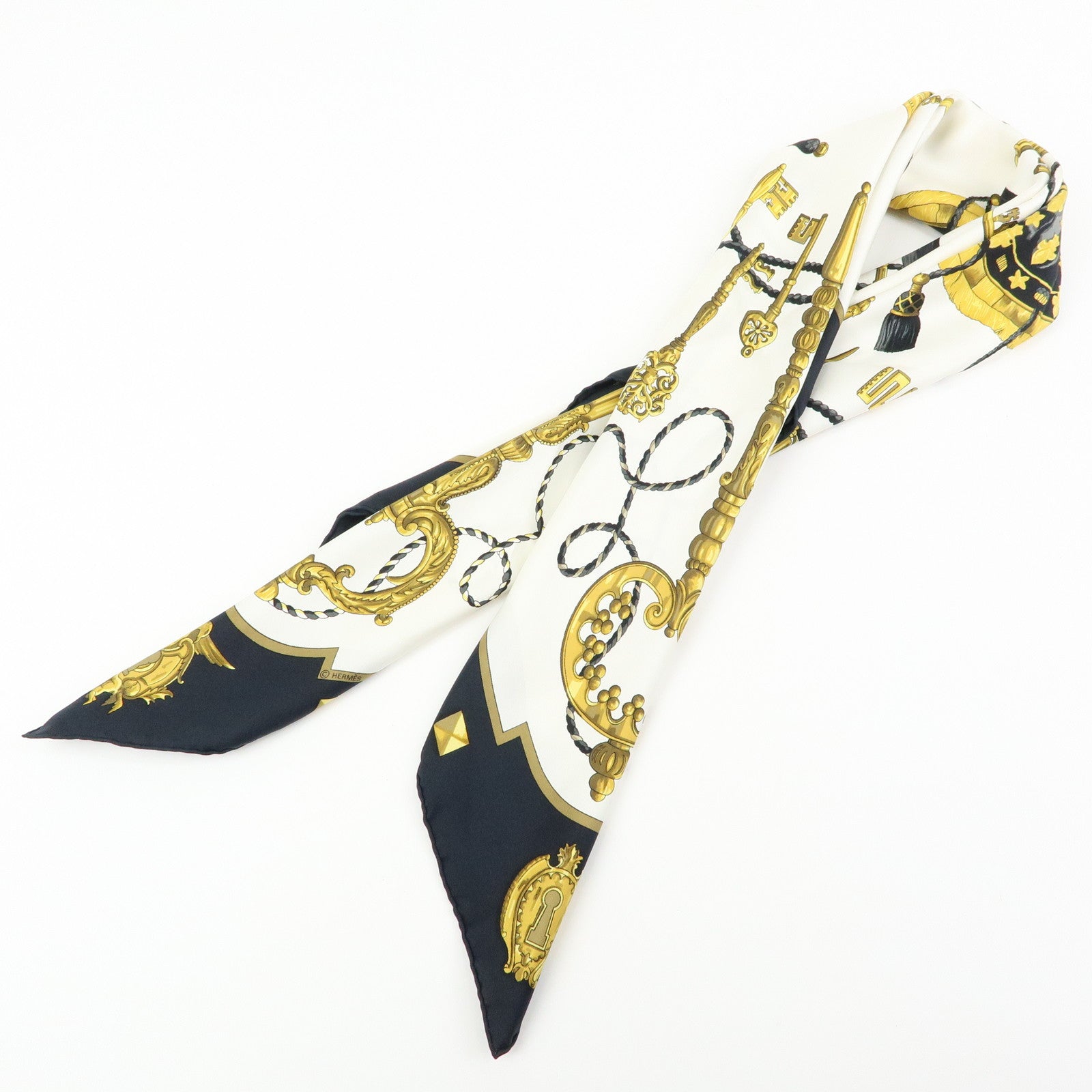 HERMES Carre 90 Silk 100% Scarf LES CLES THE KEYS RARE Black White