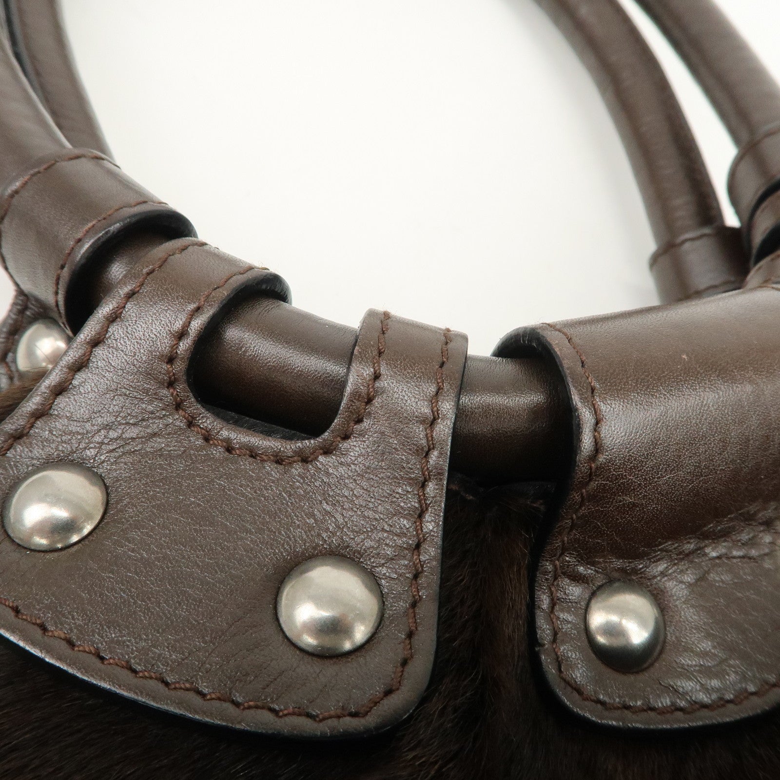 Ferragamo Gancini Unborn Calf Leather Hand Bag Dark Brown Used