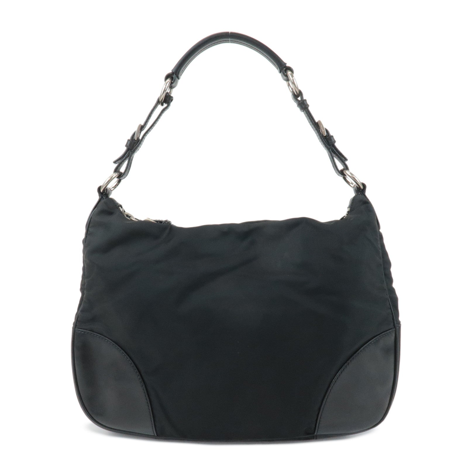 PRADA Triangle Logo Leather Nylon Shoulder Bag Black