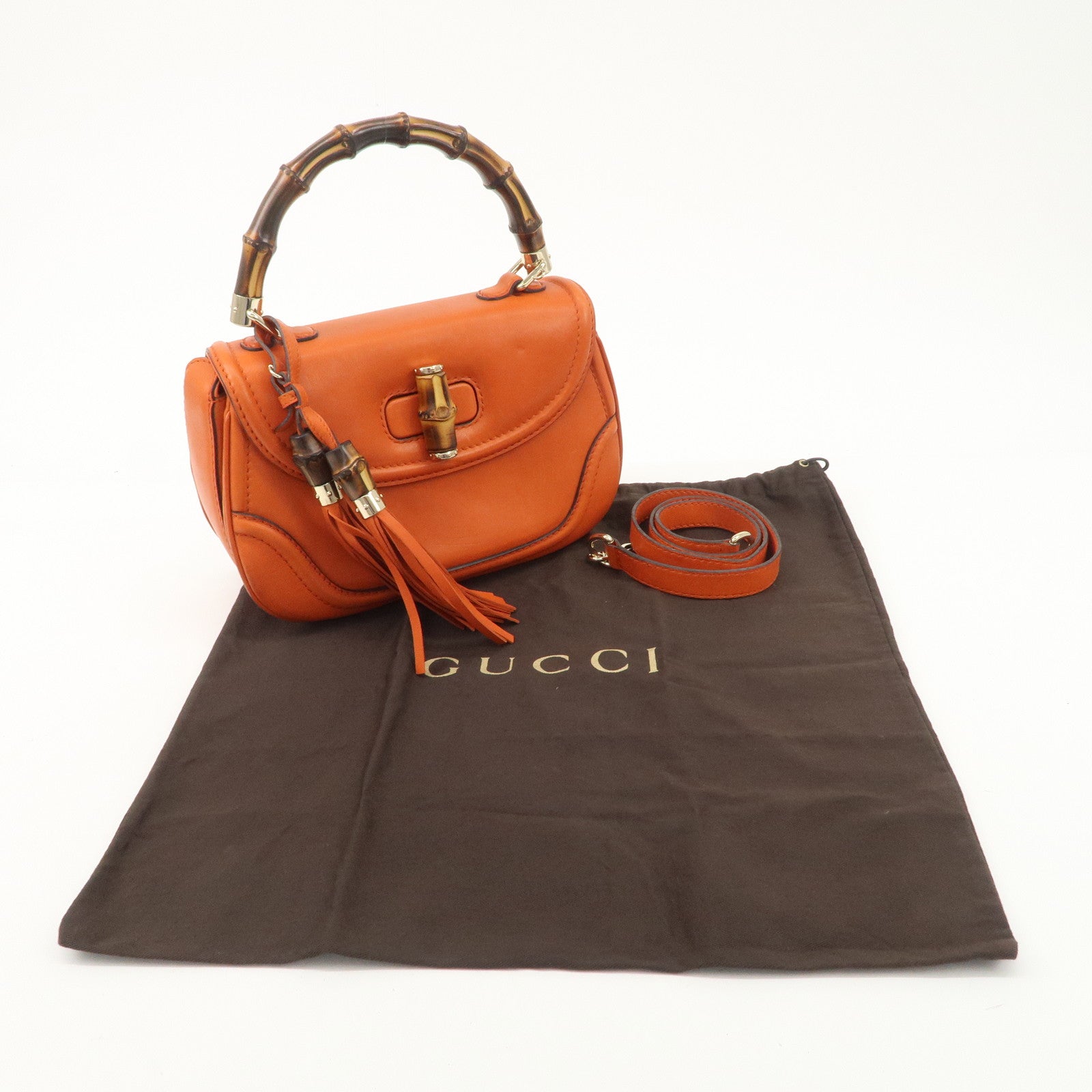 GUCCI Bamboo Leather 2Way Bag Hand Bag Shoulder Bag Orange 254884 Used