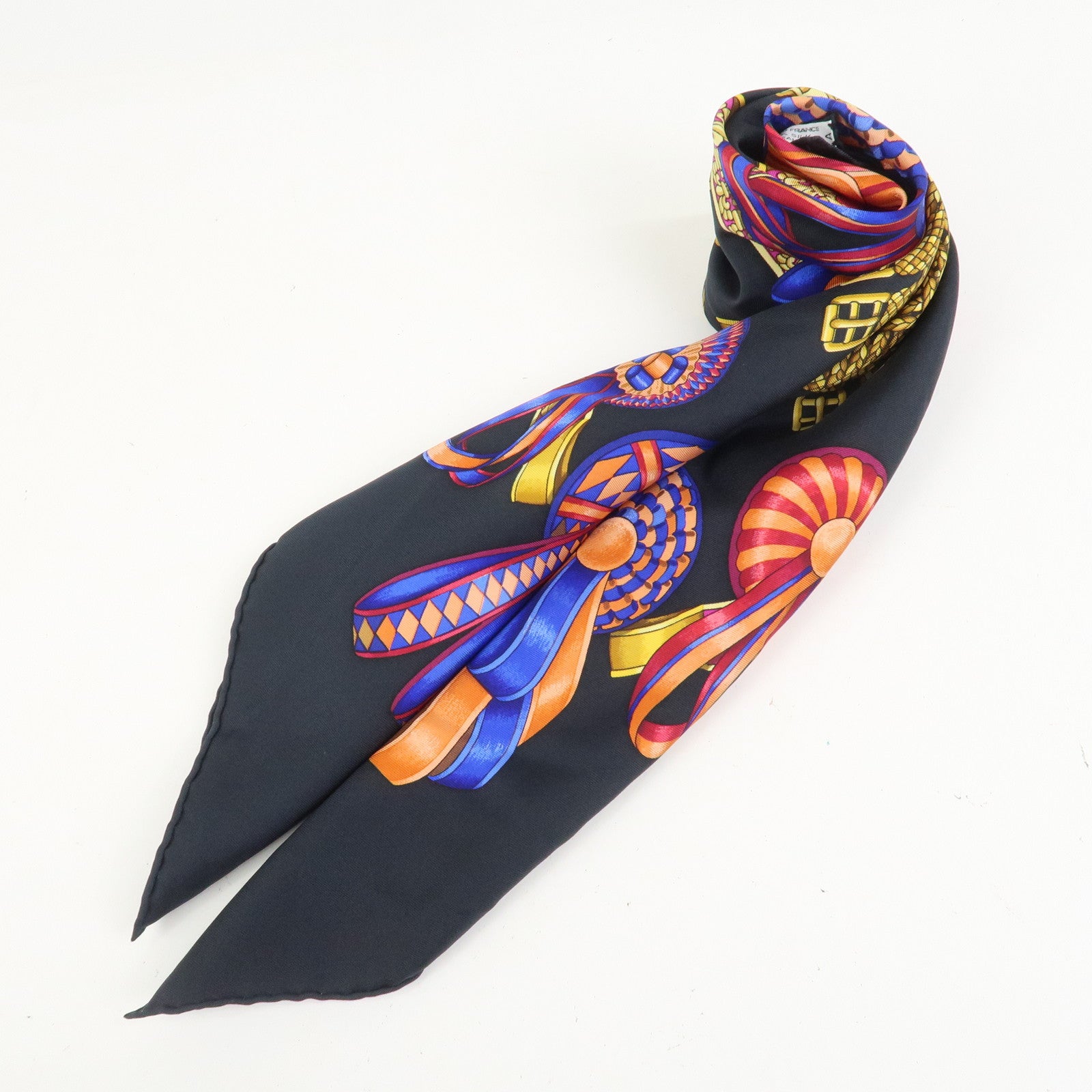Hermes Carre 90 Silk 100% Scarf LES RUBANS DU CHEVAL Black