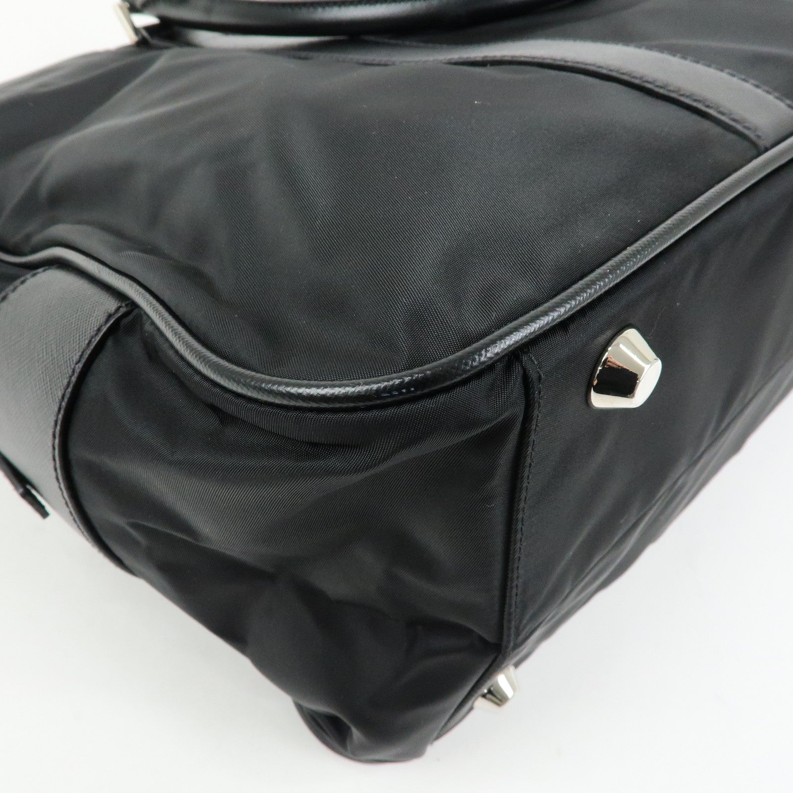 PRADA Triangle Logo Nylon Saffiano Leather Boston Bag Black VS0069