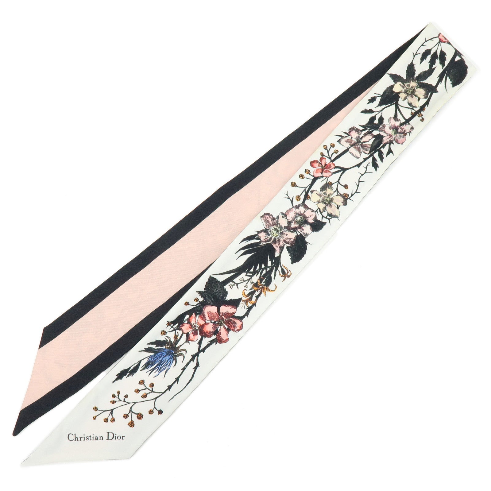 Christian Dior Mitzah Flower Motif Silk 100% Scarf Ivory Pink Black