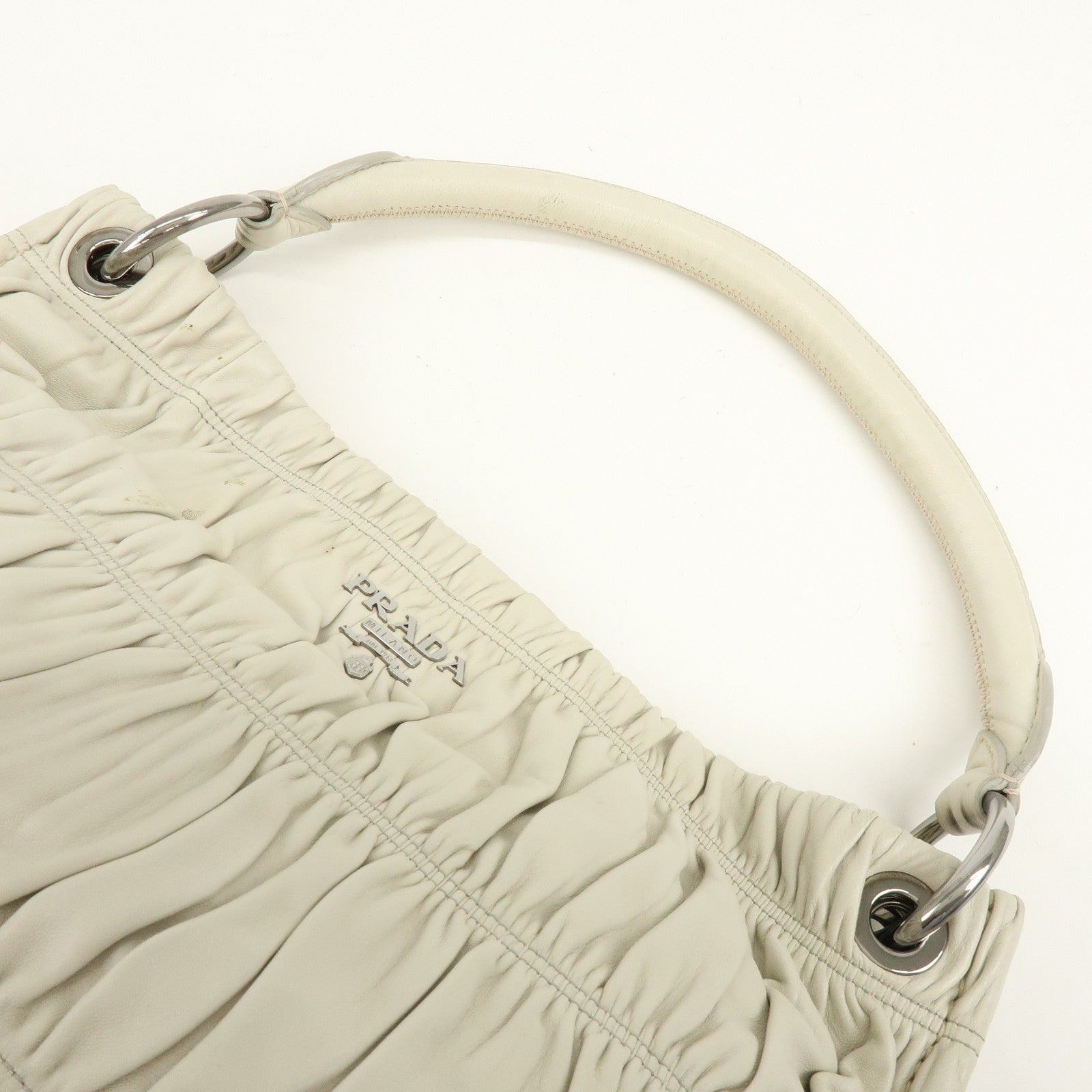 PRADA Gathered Leather Shoulder Bag Hand Bag Light Beige