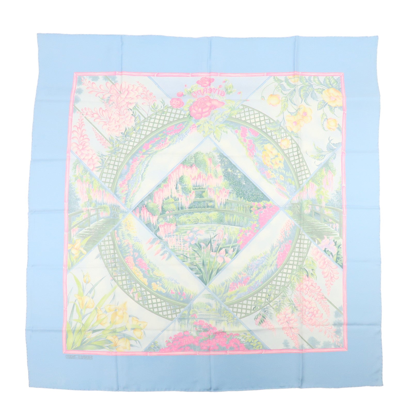 HERMES Carre 90 Silk 100% Scarf GIVERNY Light Blue Pink