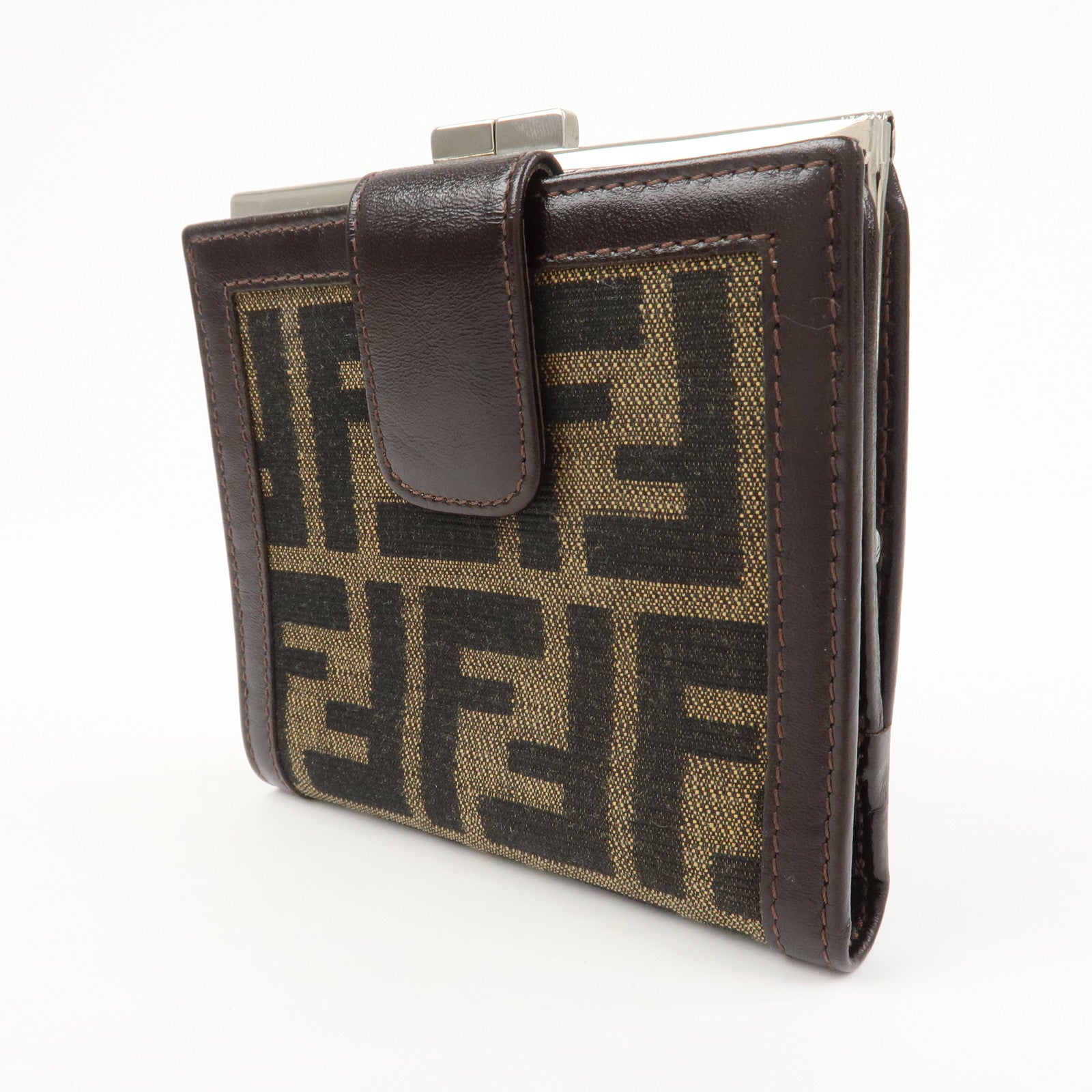 FENDI Zucca Canvas Leather Bi-fold Compact Wallet Brown Black