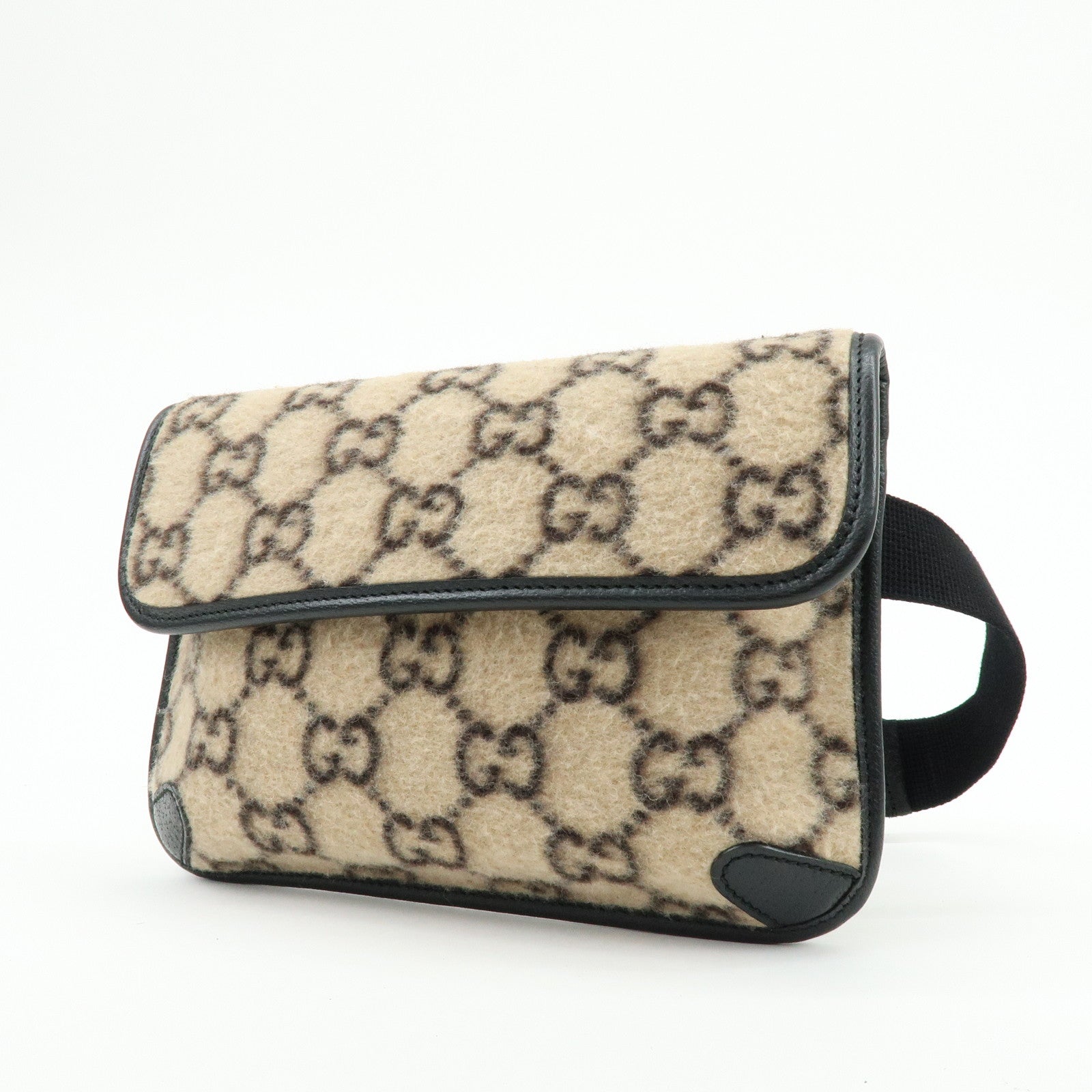 GUCCI GG Wool Leather Waist Pouch Body Bag Beige Black 598181
