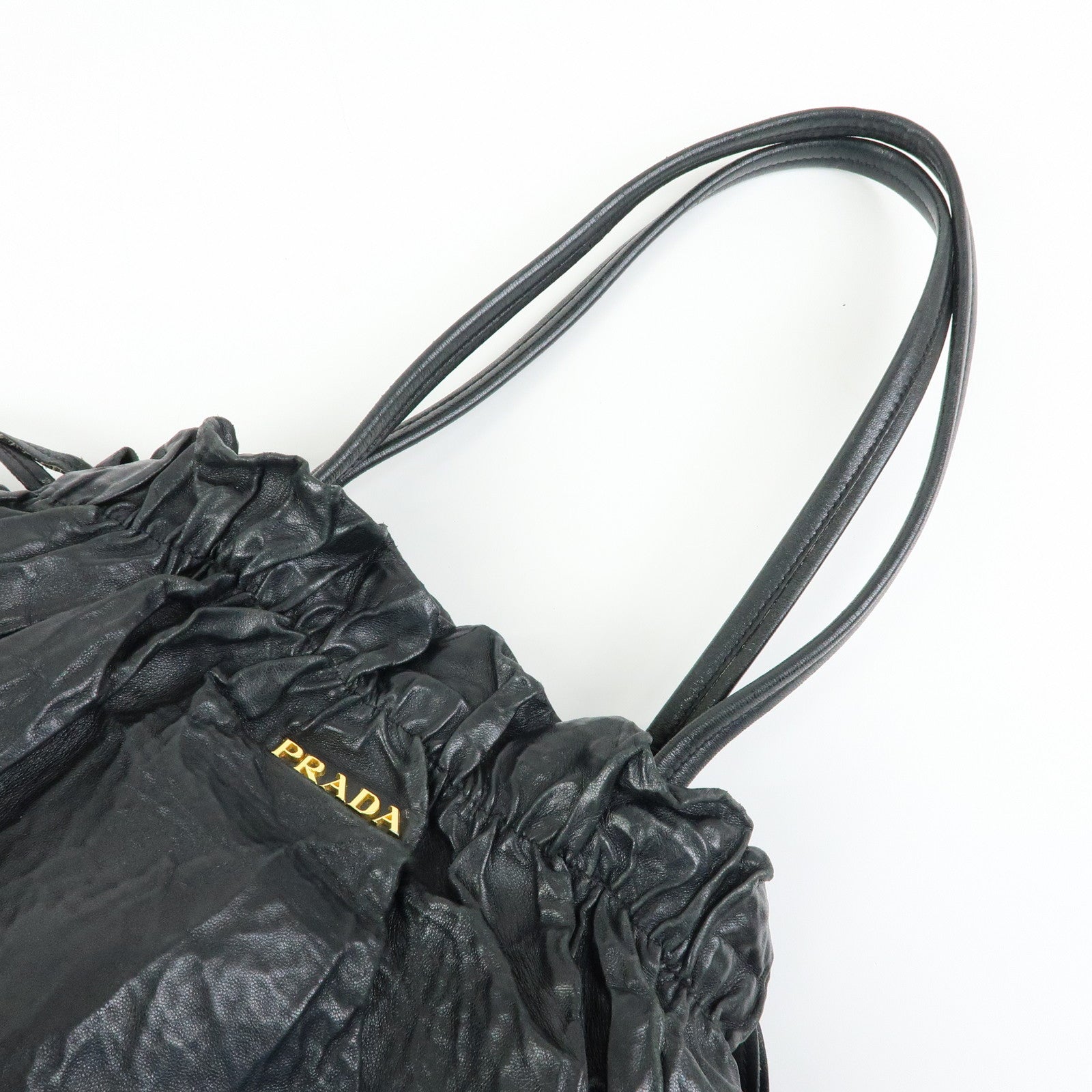 PRADA Leather Drawstring Shoulder Bag Hand Bag Black