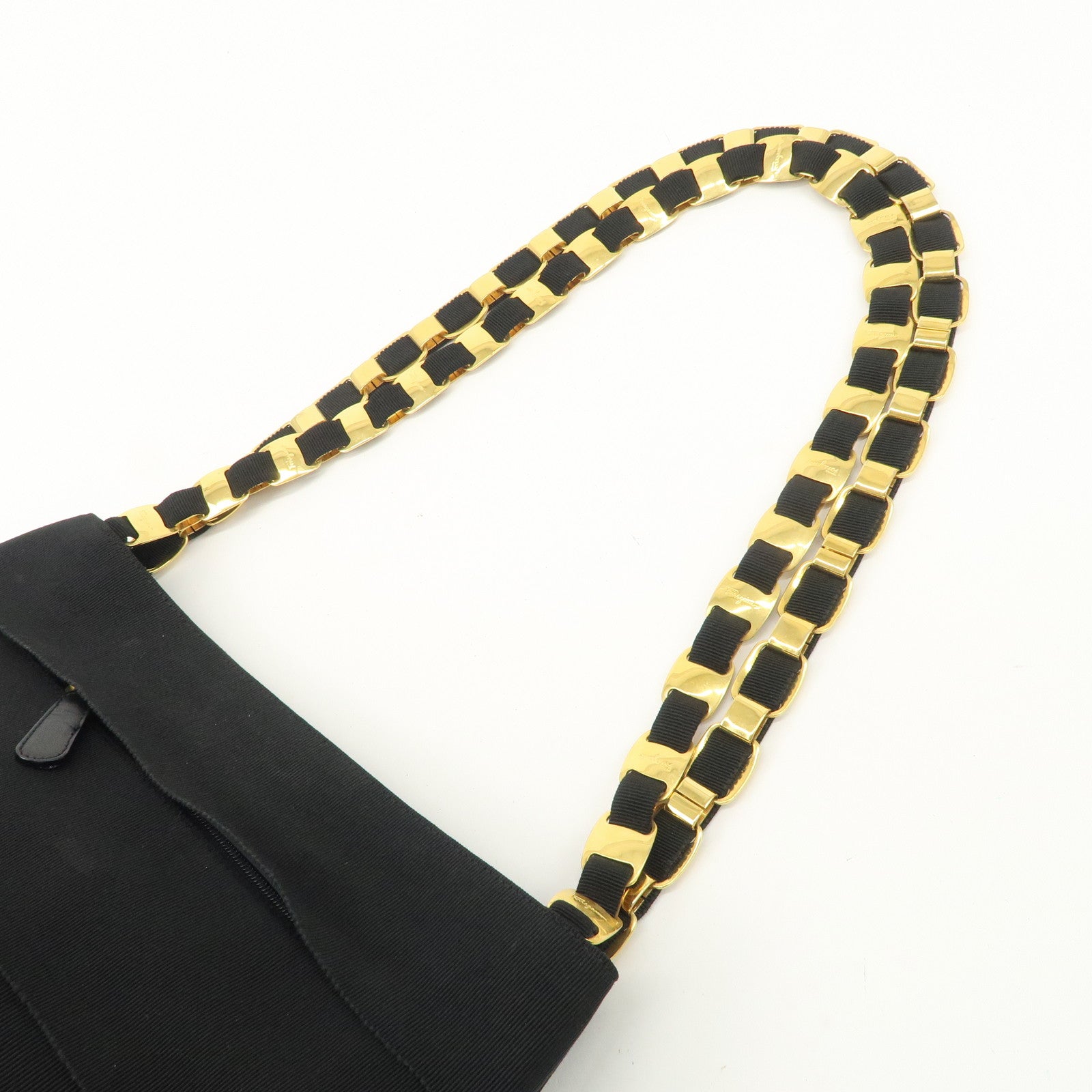 Ferragamo Leather Canvas Chain Tote Bag Hand Bag Black Gold Hardware Used