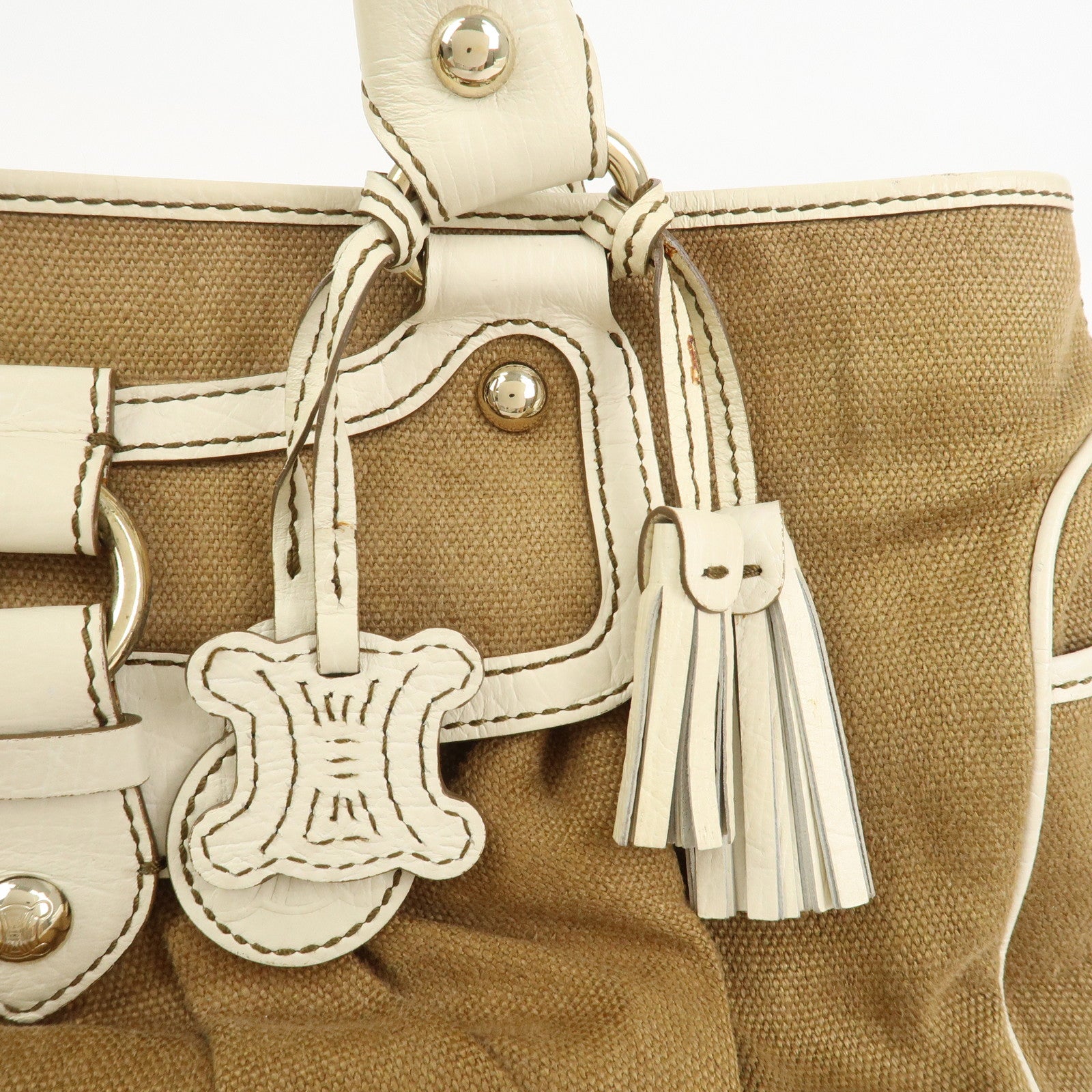 CELINE Canvas Leather Boogie Bag Hand Bag Macadam Motif Brown Ivory