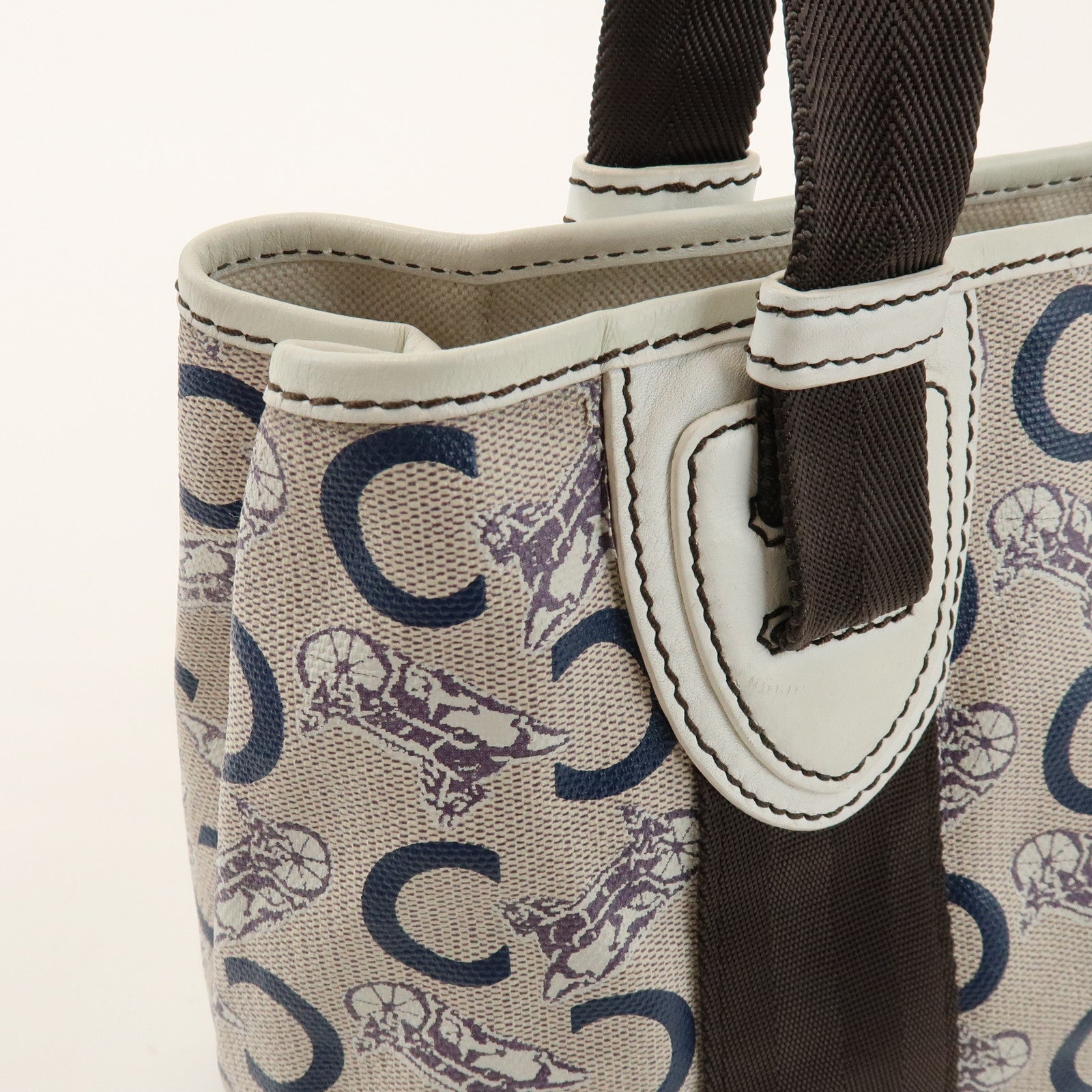 CELINE C Macadam PVC Nylon Leather Tote Bag Hand Bag Brown Beige